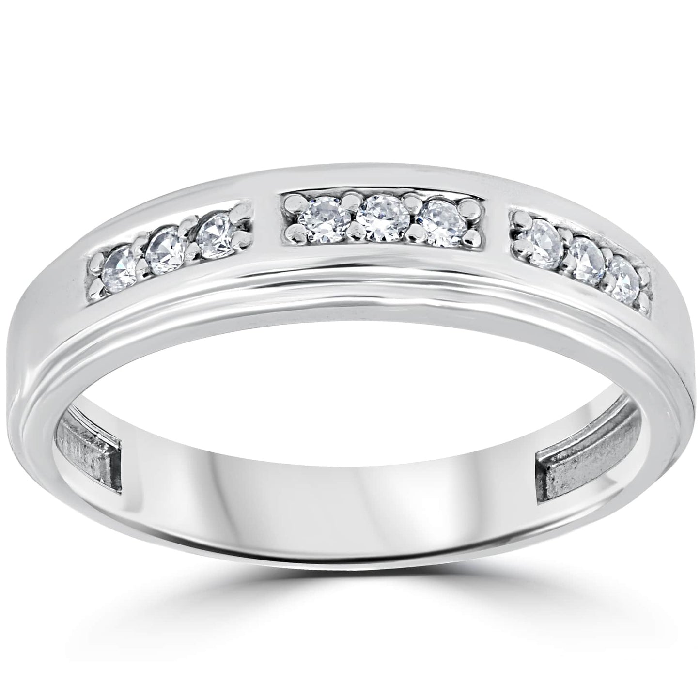 1/4Ct Mens Round Diamond Polished Wedding Ring 10k White Gold