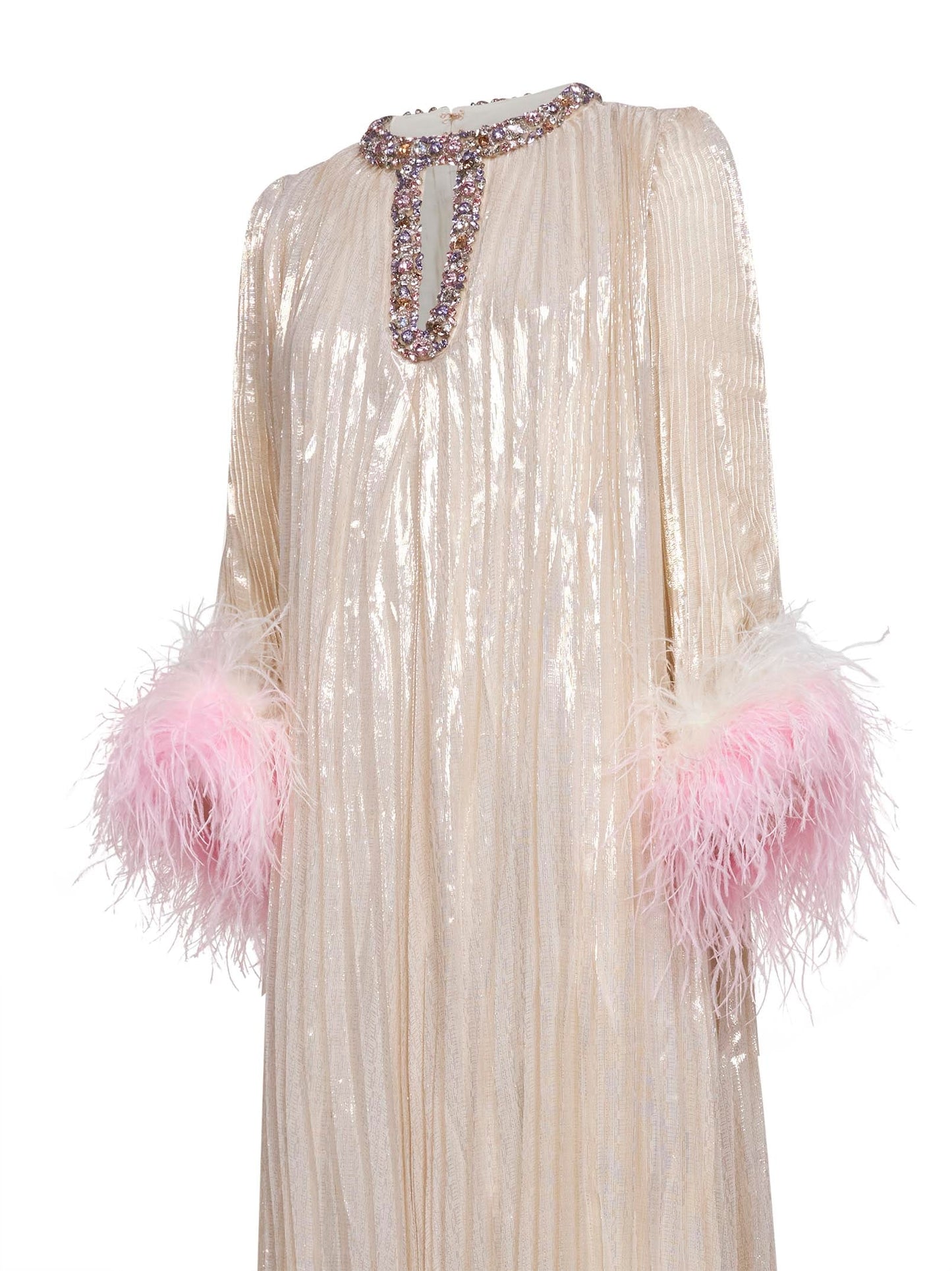 Self Portrait Women Champagne Metallic Pleated Caftan Maxi Dress