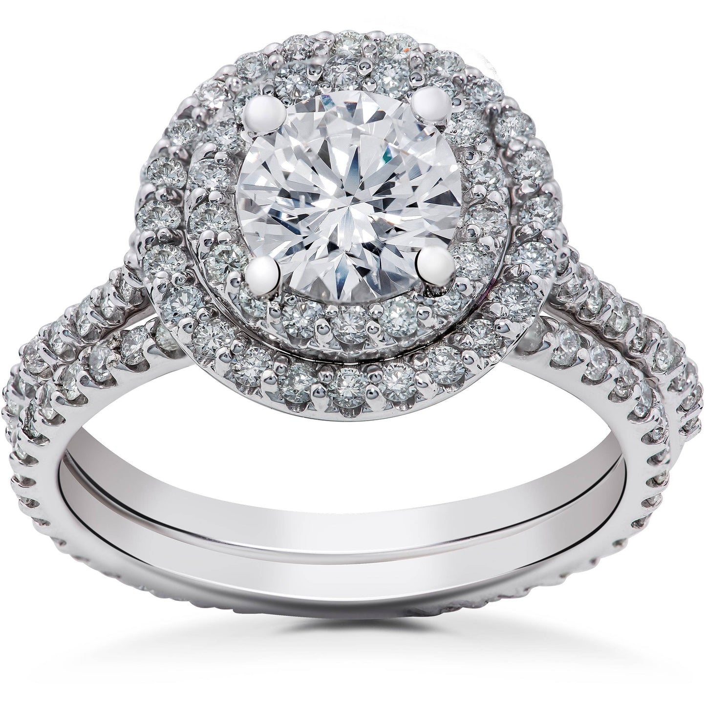 2 ct Round Halo Lab Grown Diamond Engagement Ring Setting & Eternity Band 14k
