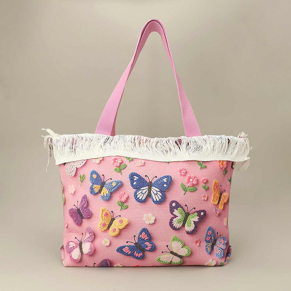 Butterfly Pattern Print Large Woven Frayed Shoulder Tote Bag