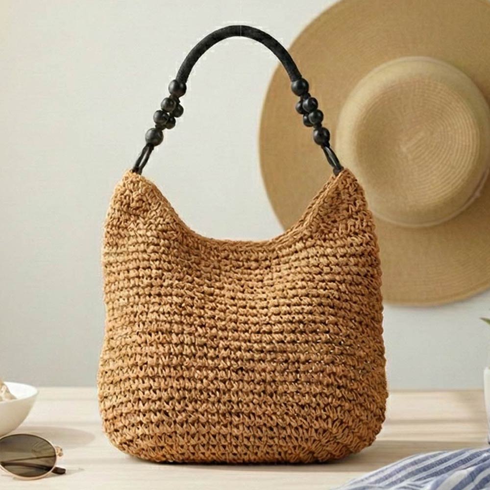 Beaded Handle Raffia Woven Shoulder Tote Bag