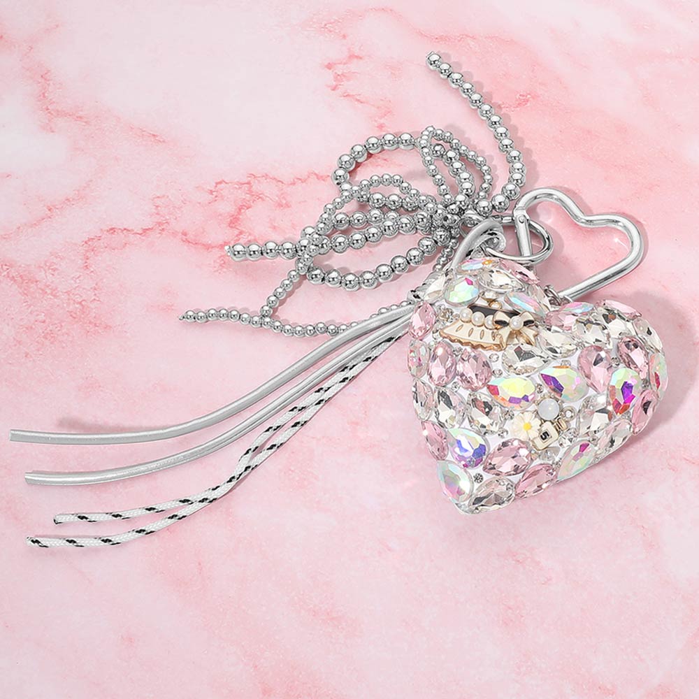 Crystal Embellished Heart Charm Tassel Keychain Bag Charm