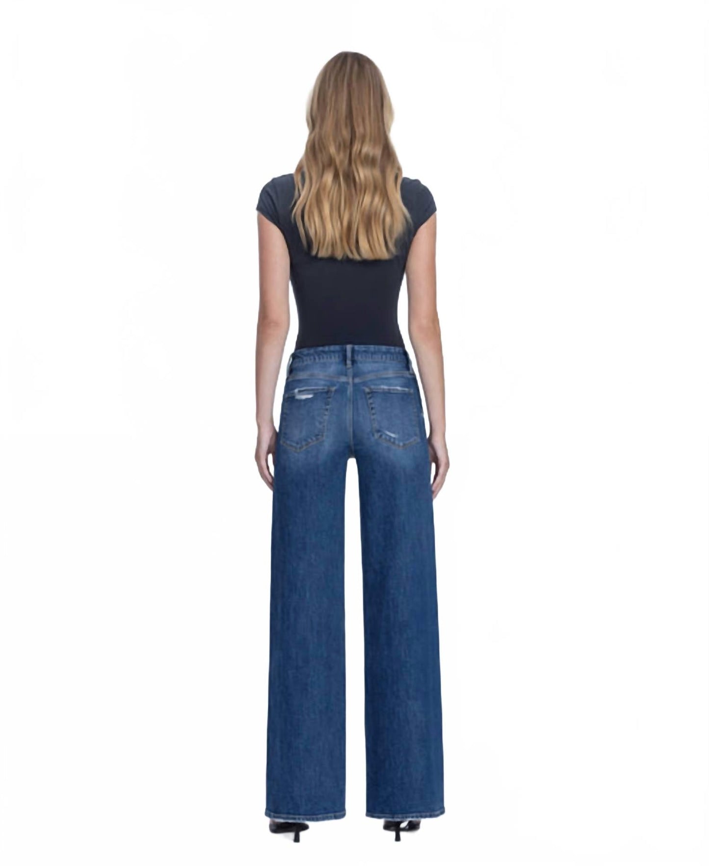 Nicest High Rise Seamless Waistband Wide Leg Jeans In Dark Wash