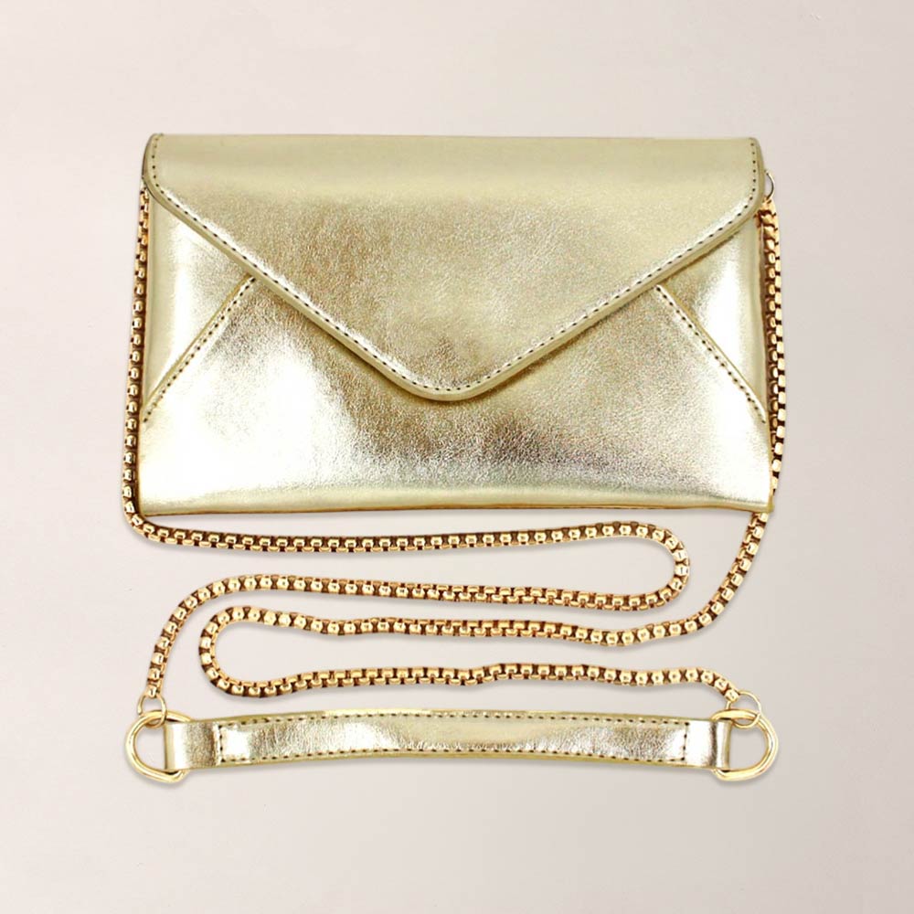 Faux Leather Metallic Envelope Clutch Crossbody Bag