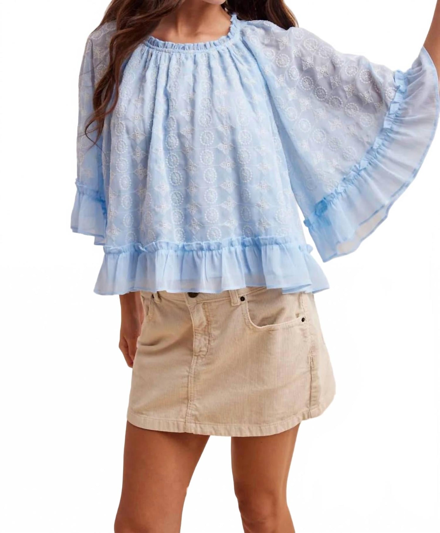 Embroidered Cape Top In Airy Blue