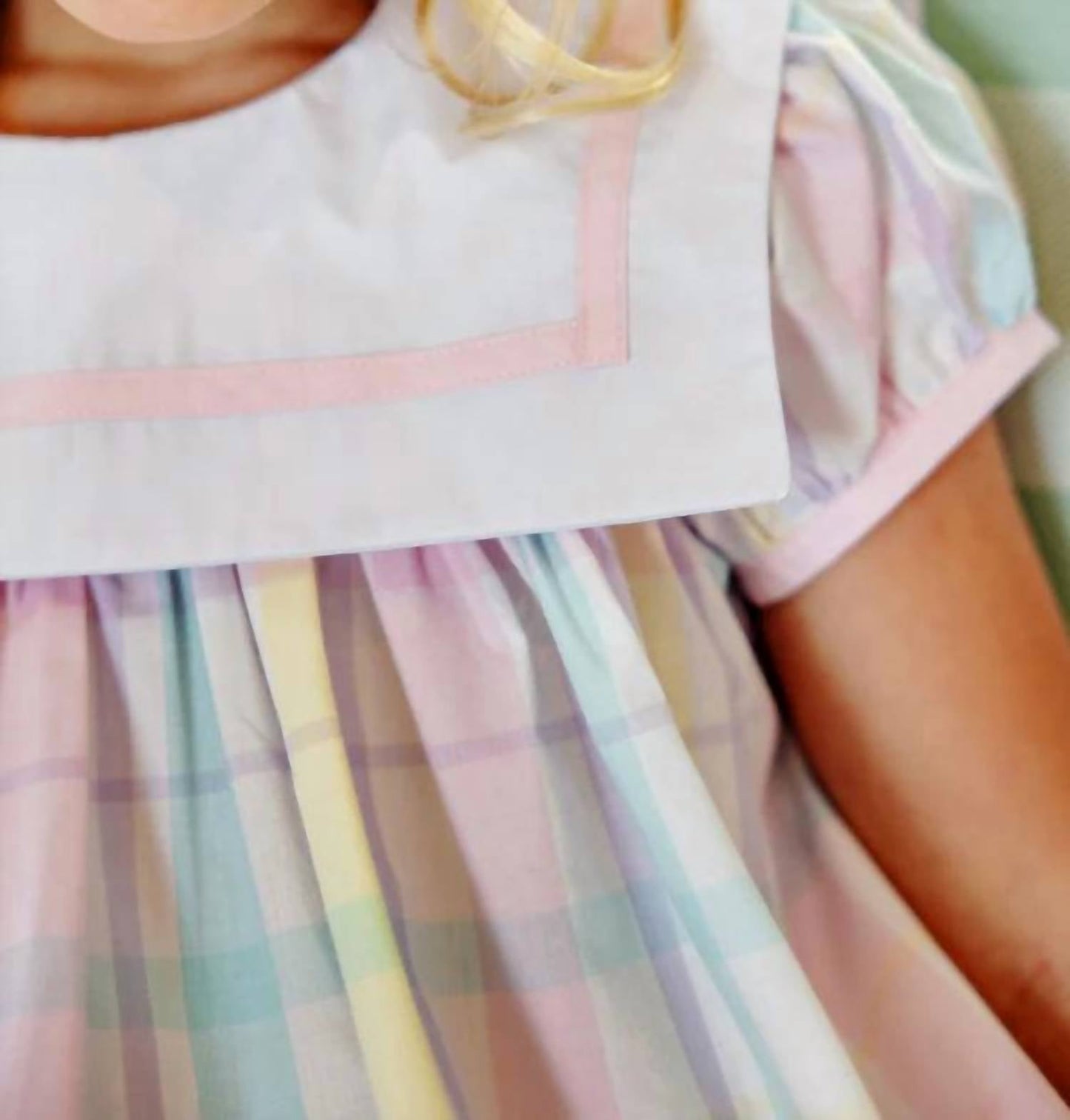 Girl's Stewart's Square Collar Dress In Brunch Plate Plaid With Palm Beach Pink