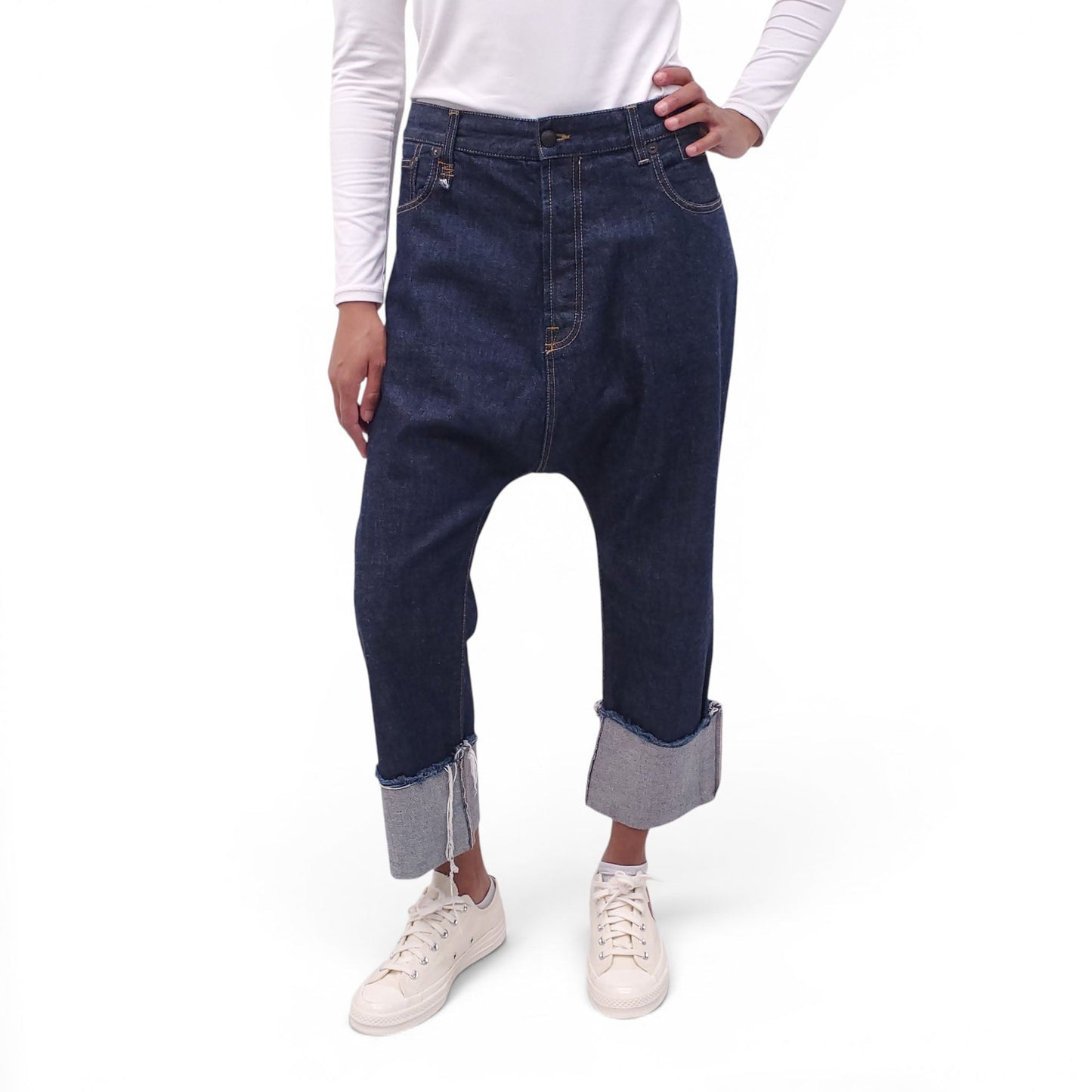 R13 DARK WASH 'TAILORED DROP' CUFFED JEANS - SIZE 30