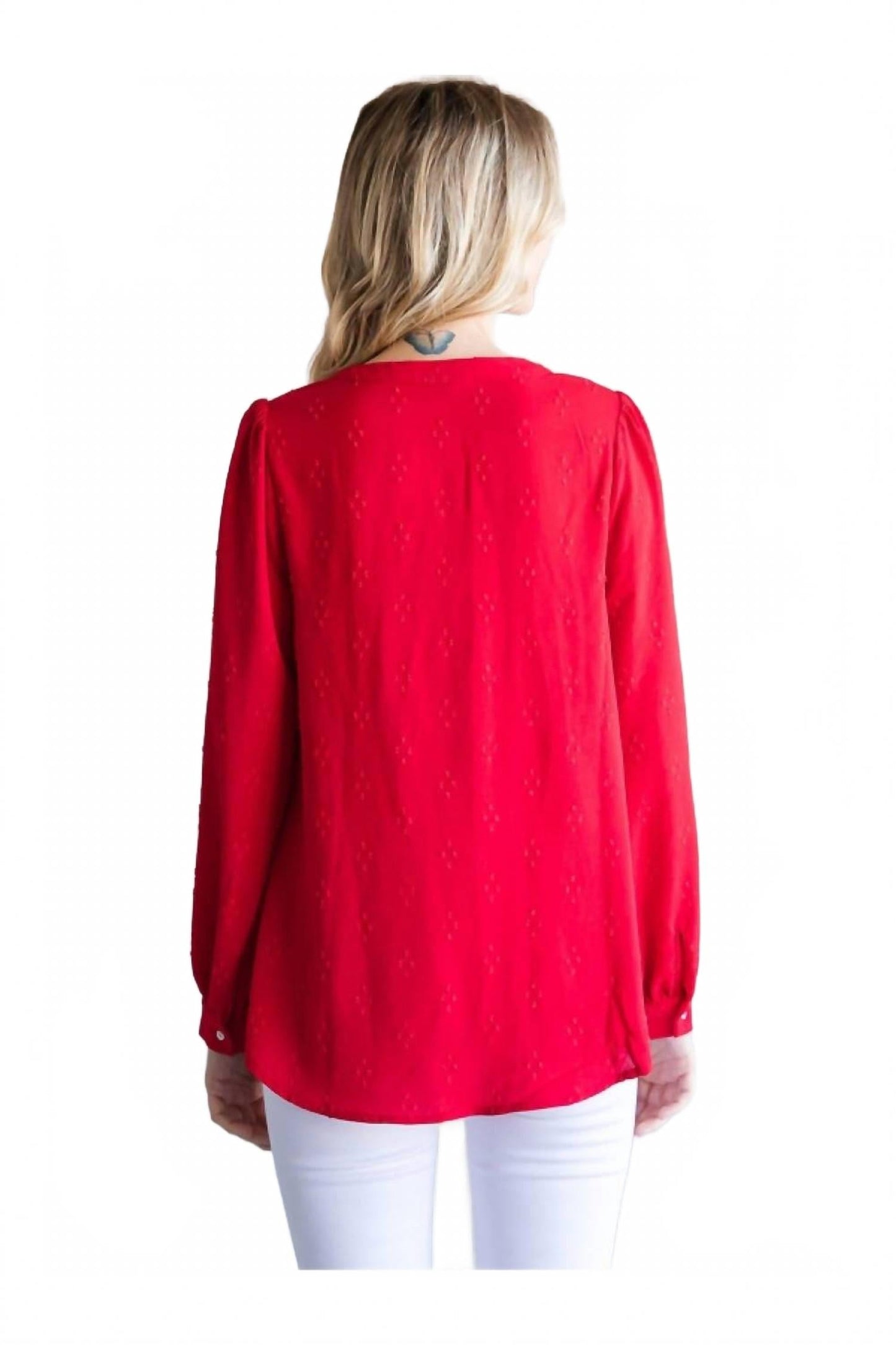 Textured Top With A Collarless Neckline & Long Bubble Sleeves In Tomato Red