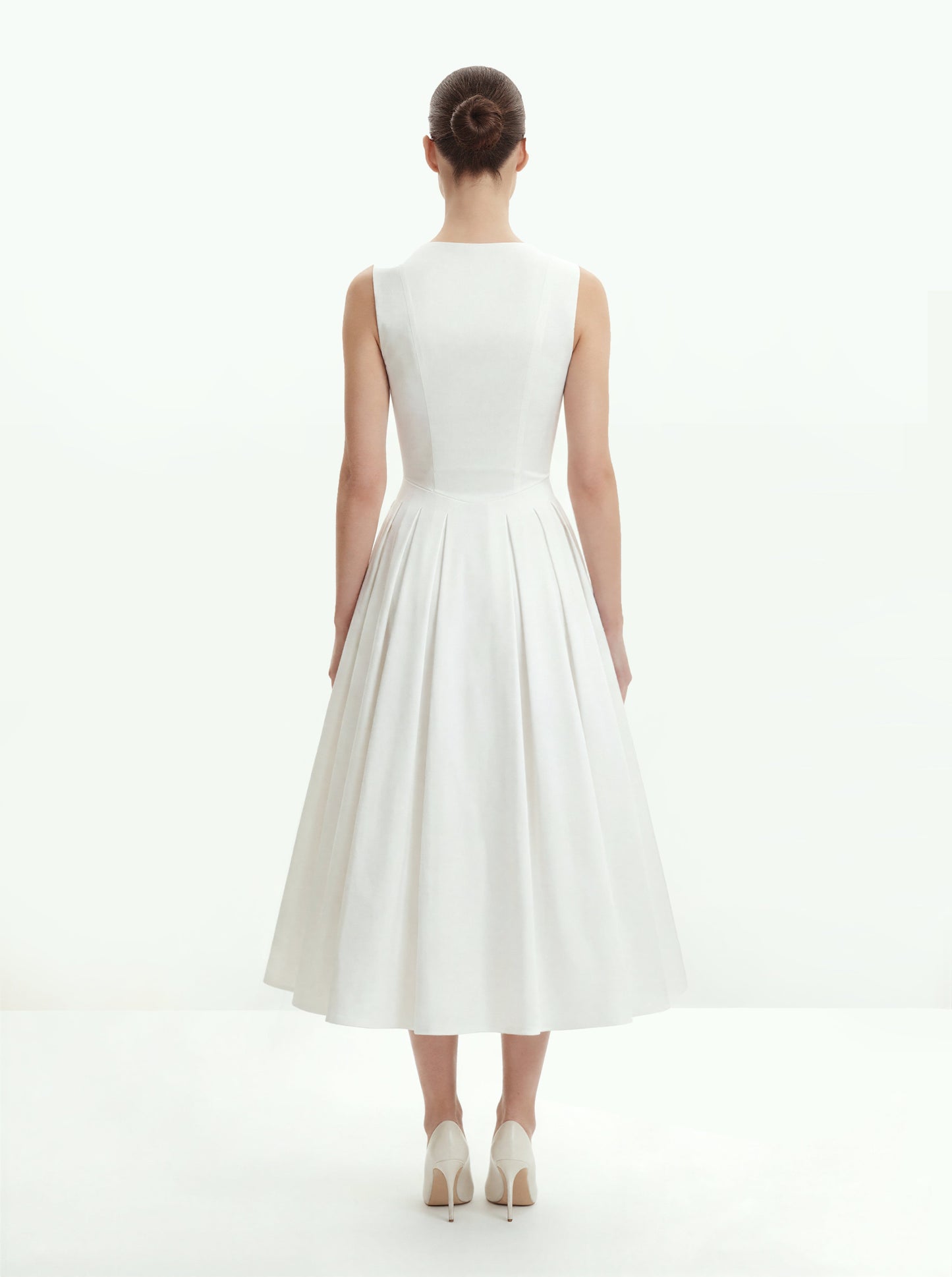 Front V-Neck Pleated Midi Dress - White
