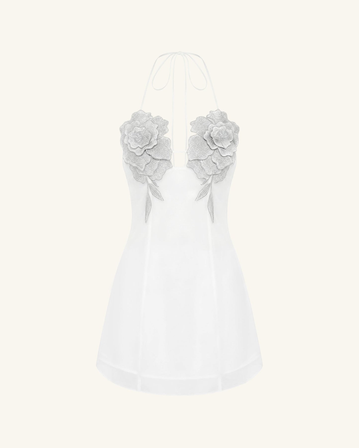 Flower Embroidered Mini Dress - White