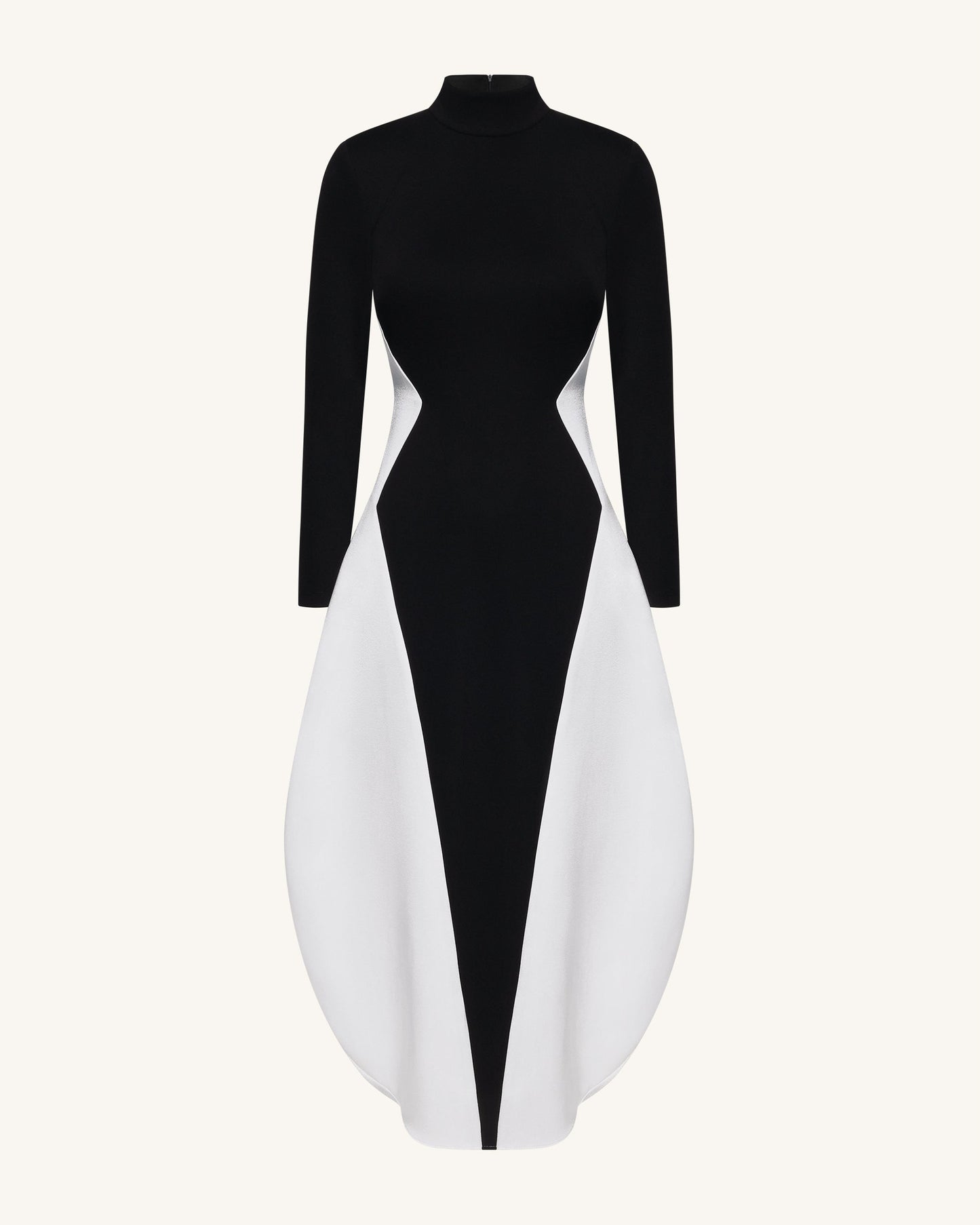 Monochrome Paneled Long-Sleeve Maxi Dress - Black