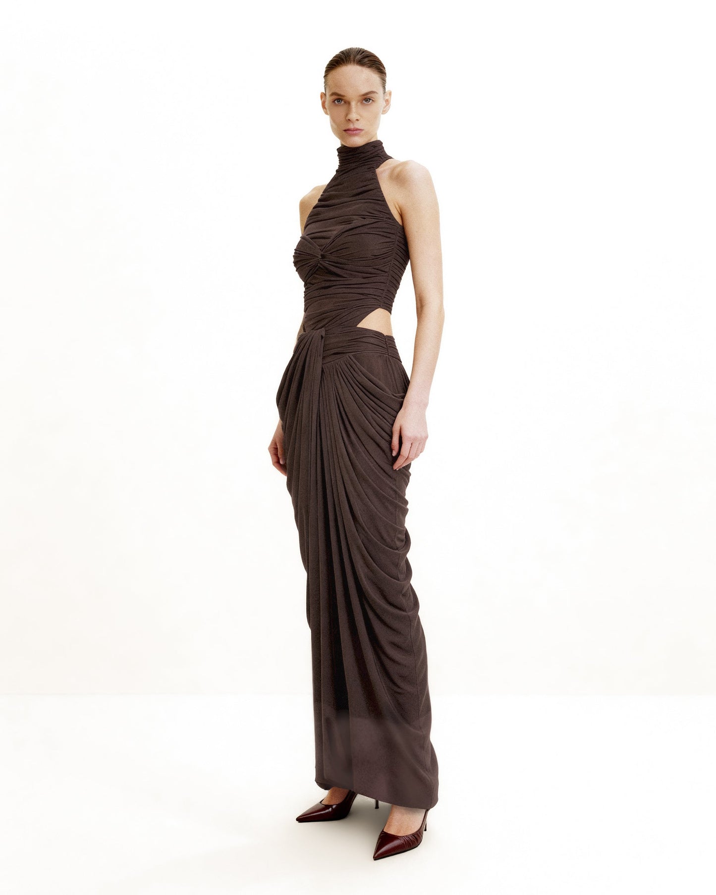 Ruched Twist-Front Halter Bodysuit - Brown