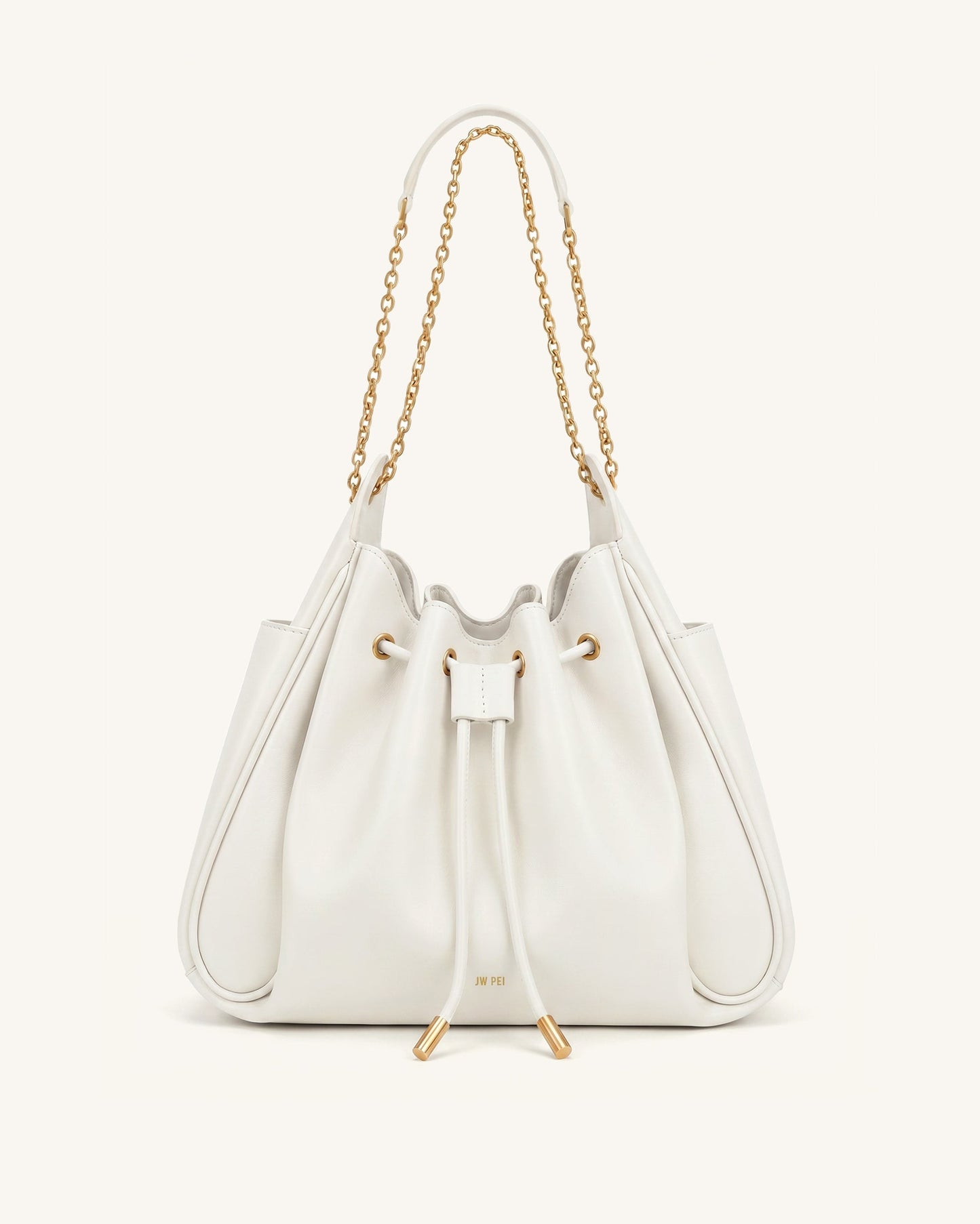 Rowan Ruched Drawstring Chain Bucket Bag - Ivory