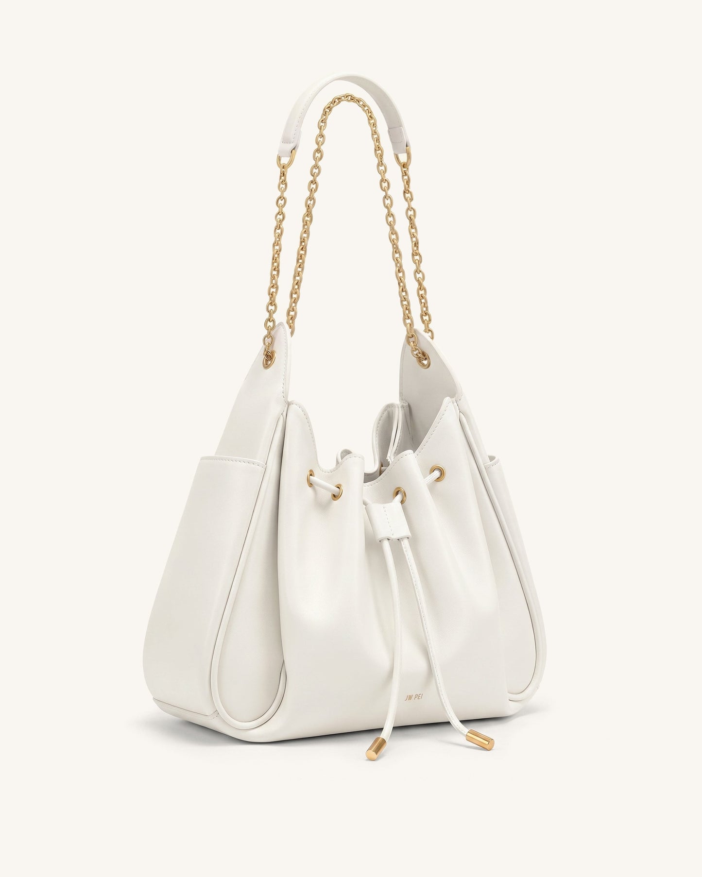 Rowan Ruched Drawstring Chain Bucket Bag - Ivory