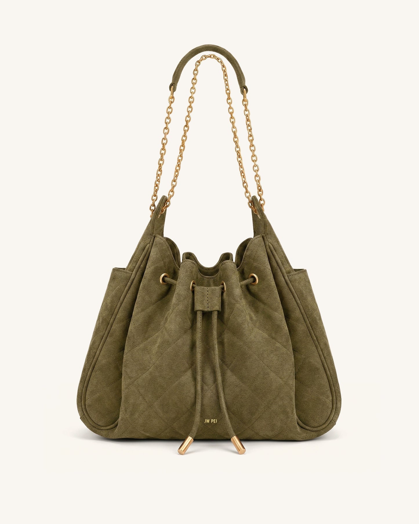 Rowan Faux Suede Quilted Chain Bucket Bag - Olive Green