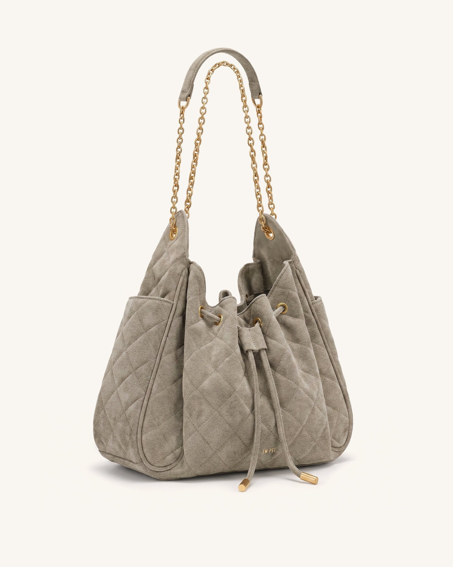 Rowan Faux Suede Quilted Chain Bucket Bag - Gray