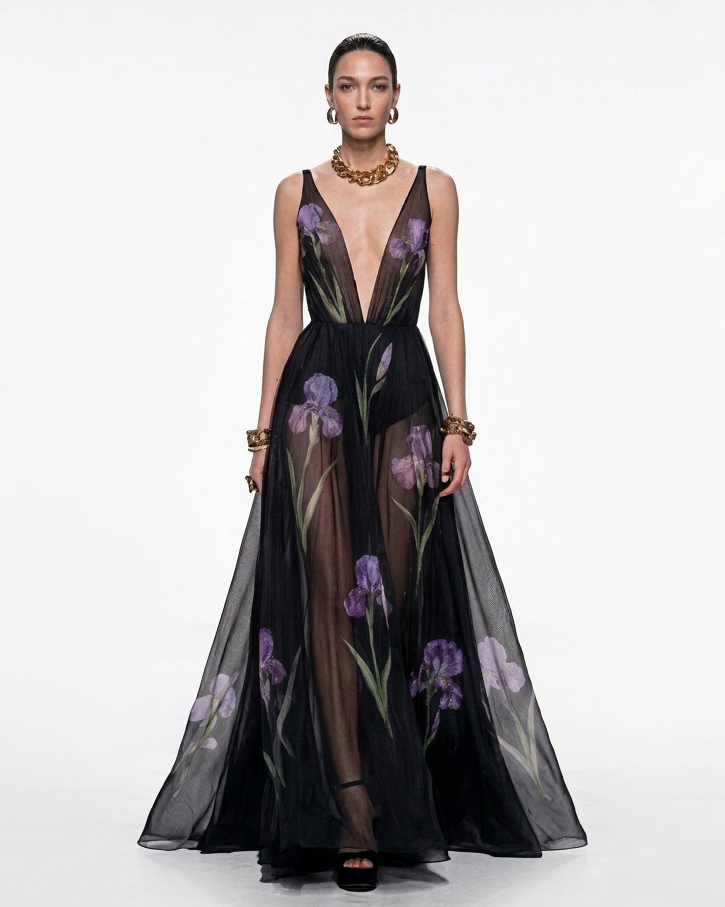 Sheer Floral Print Maxi Dress - Black