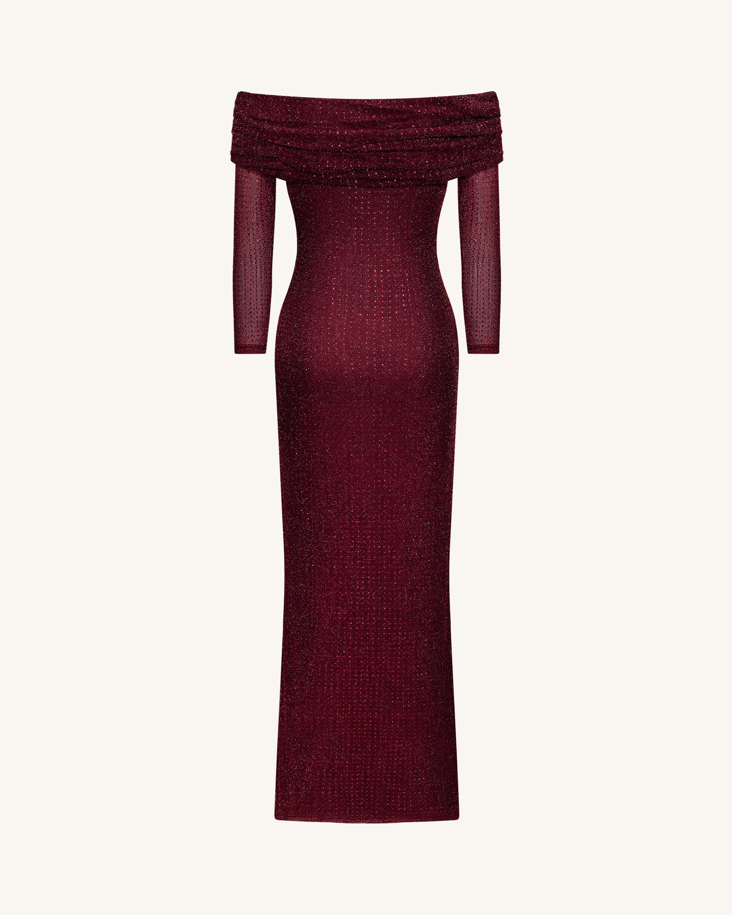 Rhinestone Mesh Off-Shoulder Maxi Dress - Claret