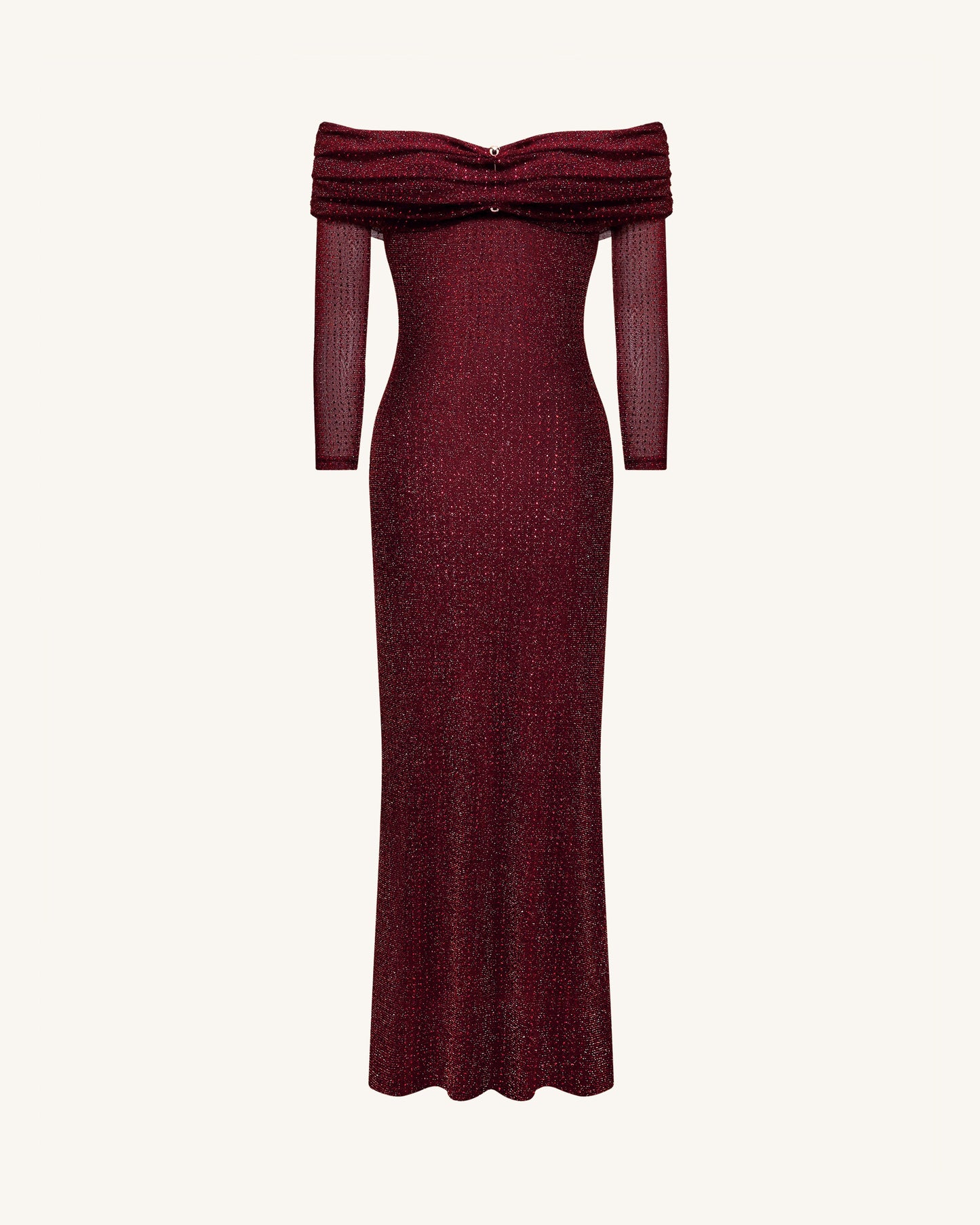 Rhinestone Mesh Off-Shoulder Maxi Dress - Claret