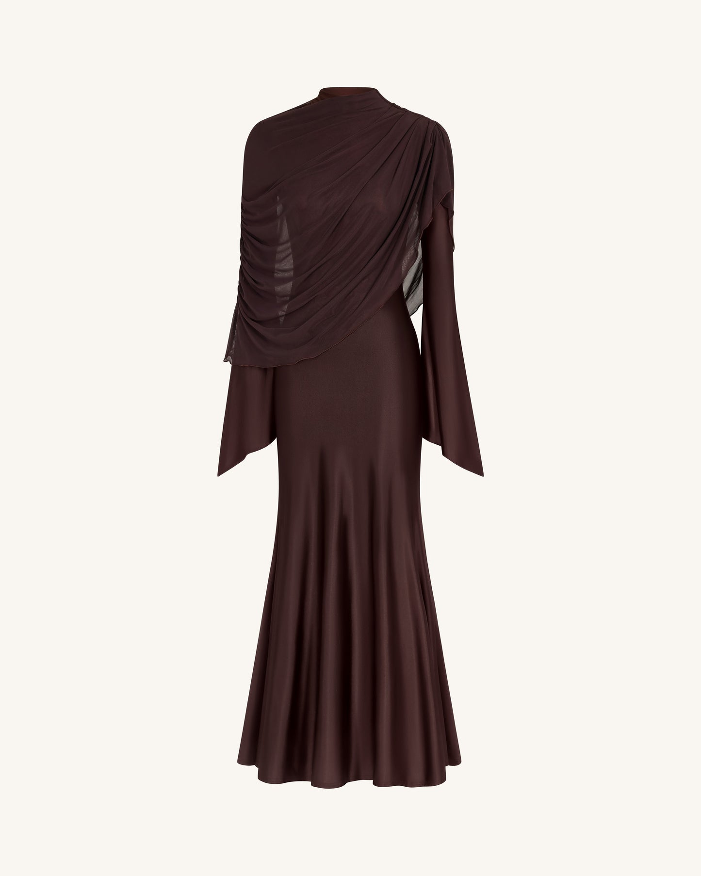Sheer Shawl Ruched Bodycon Maxi Gown - Brown