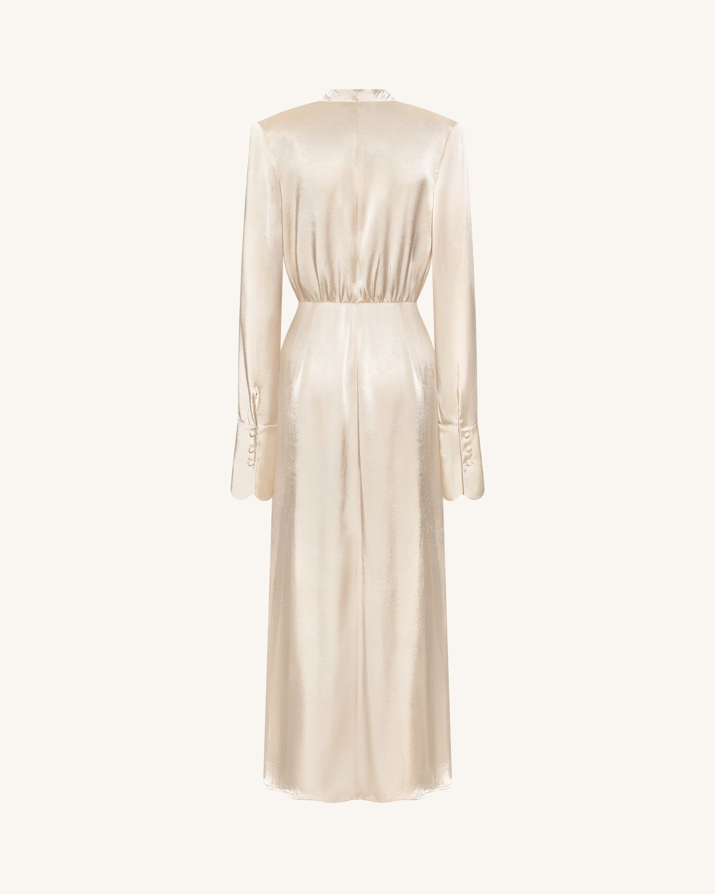 Structured Shoulder Design Satin High-Neck Fitted Maxi Dress - Cream
