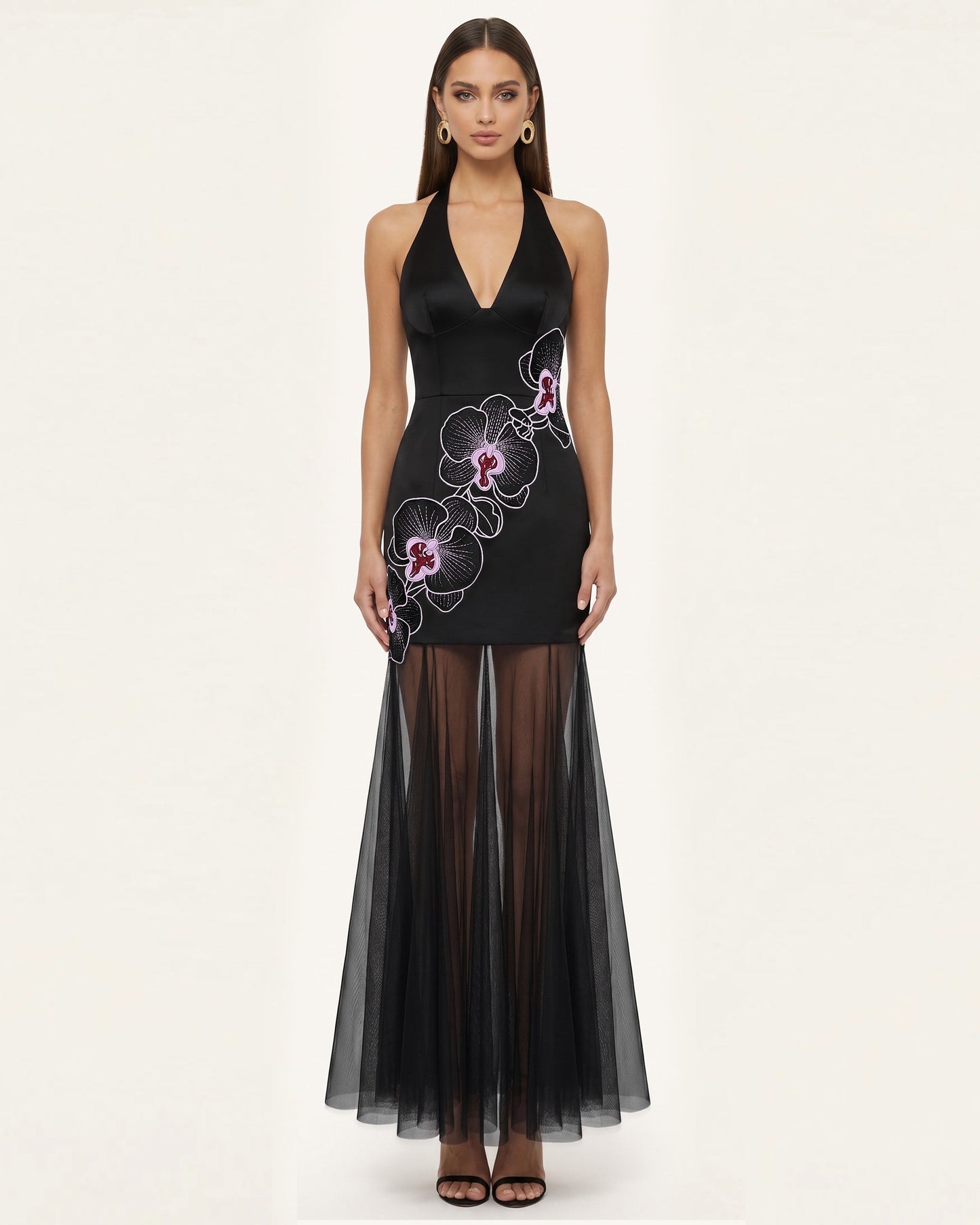 Orchid Embroidered Sheer Hem Halter Maxi Dress-  Black Purple