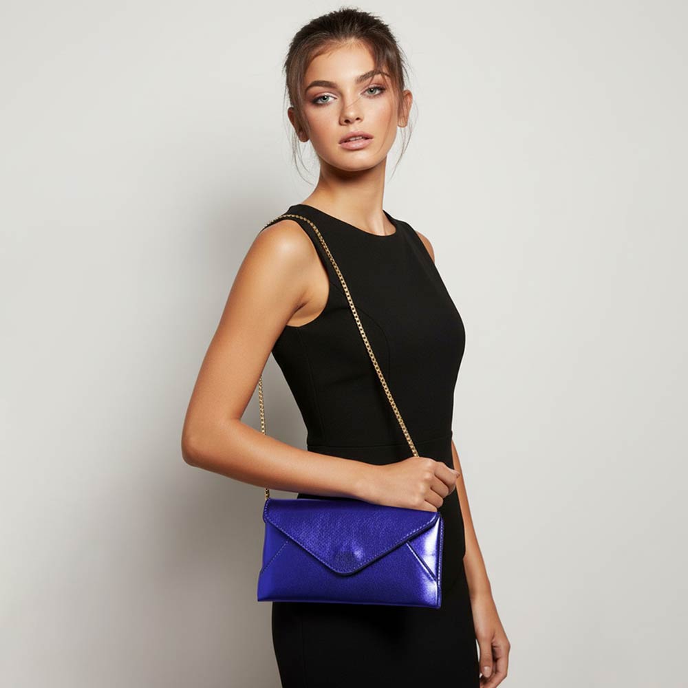 Faux Leather Metallic Envelope Clutch Crossbody Bag