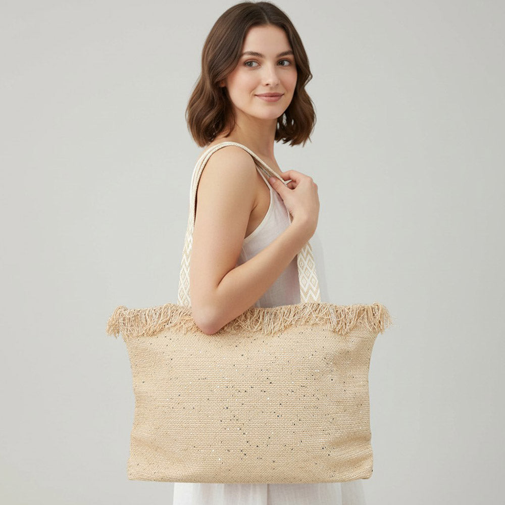 Sequin Embellished Large Woven Frayed Shoulder Tote Bag