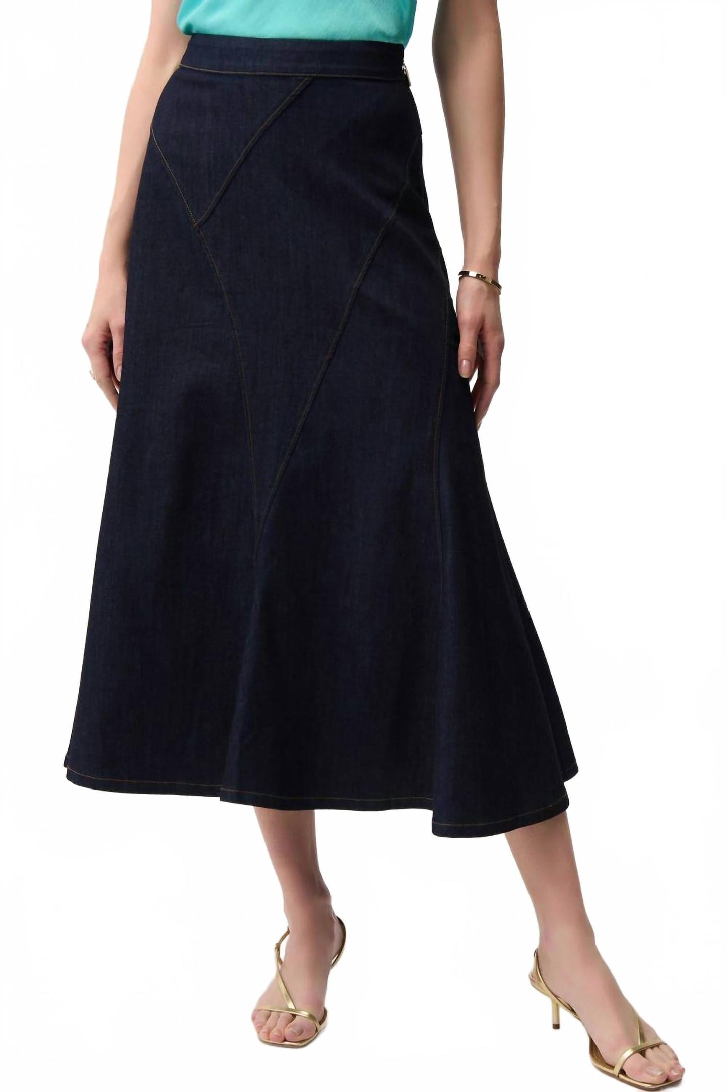 Denim Flare Skirt With Exposed Zipper In Dark Blue