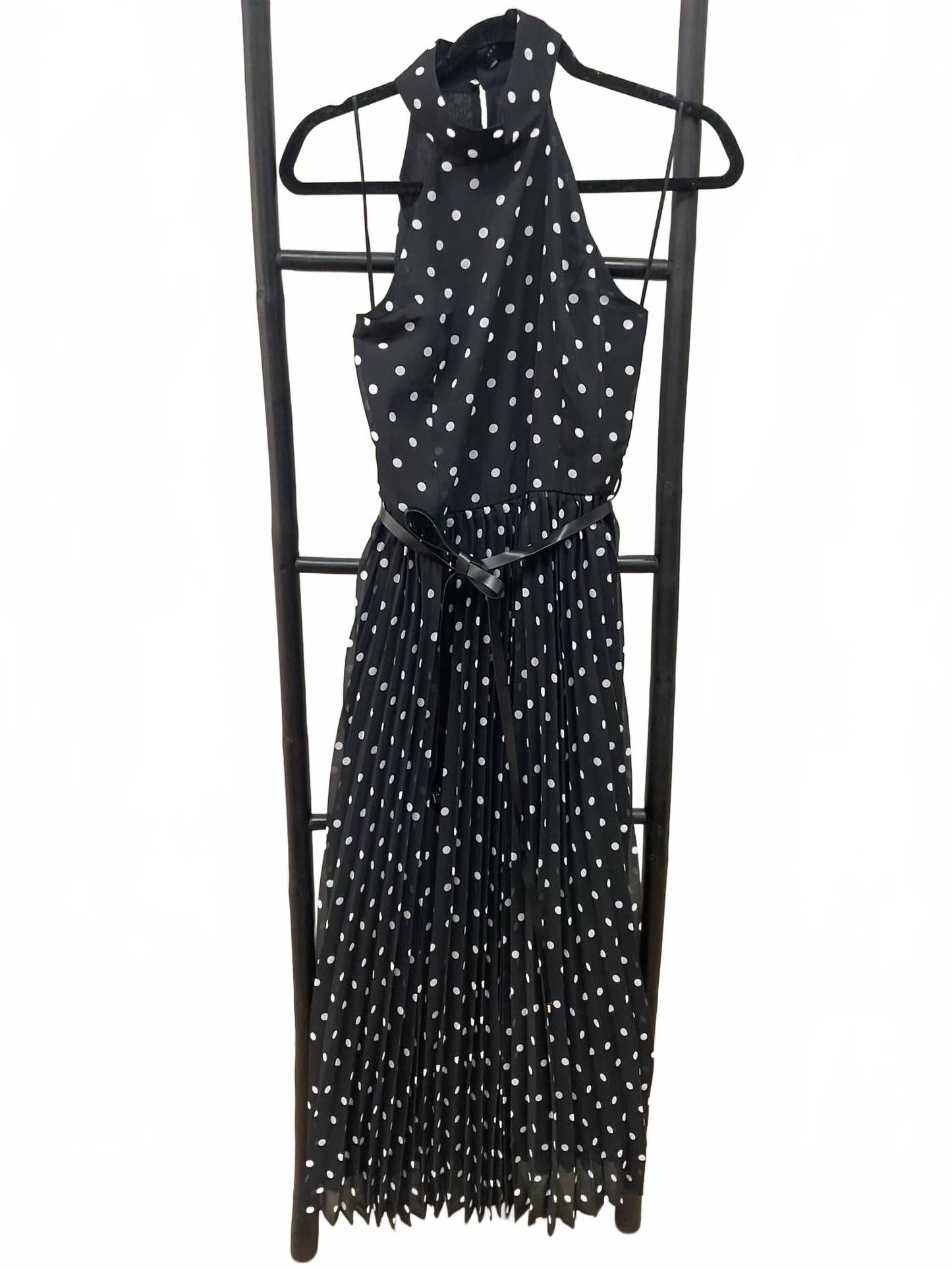 Polka Dot Pleated Midi Dress In Black/white