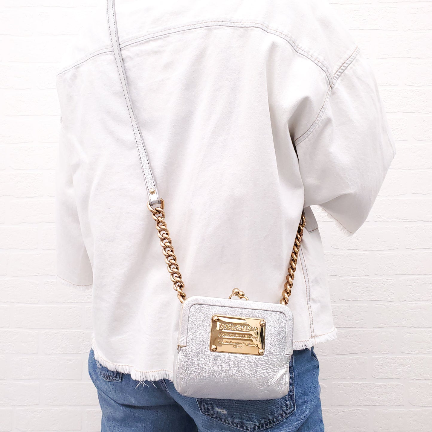 DOLCE & GABBANA SILVER LEATHER MINI PURSE WITH GOLD LOGO