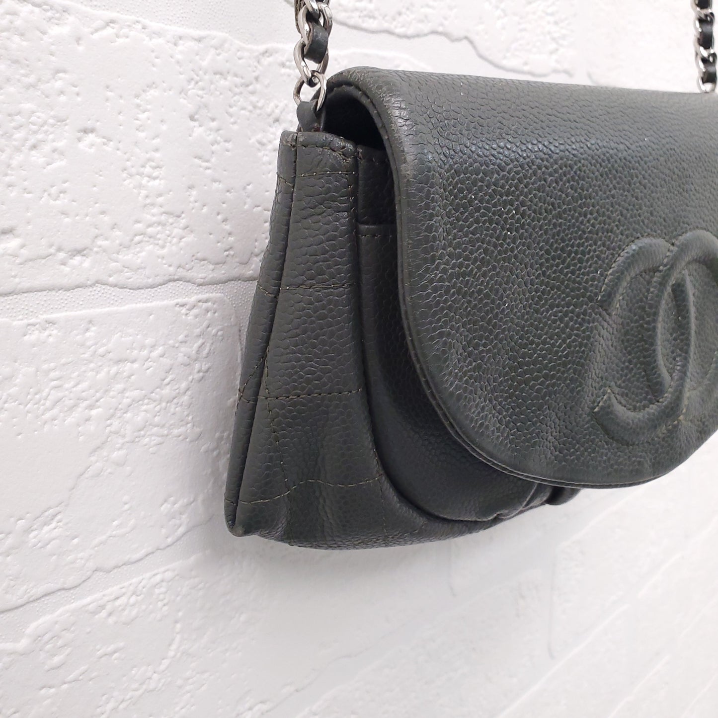 CHANEL KAKI HALF CRESCENT INTERLOCKING CC WALLET ON CHAIN
