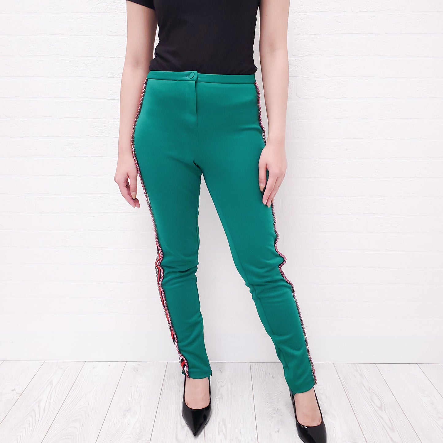 GUCCI GREEN STRIPE CRYSTAL STIR UP PANTS - SIZE M