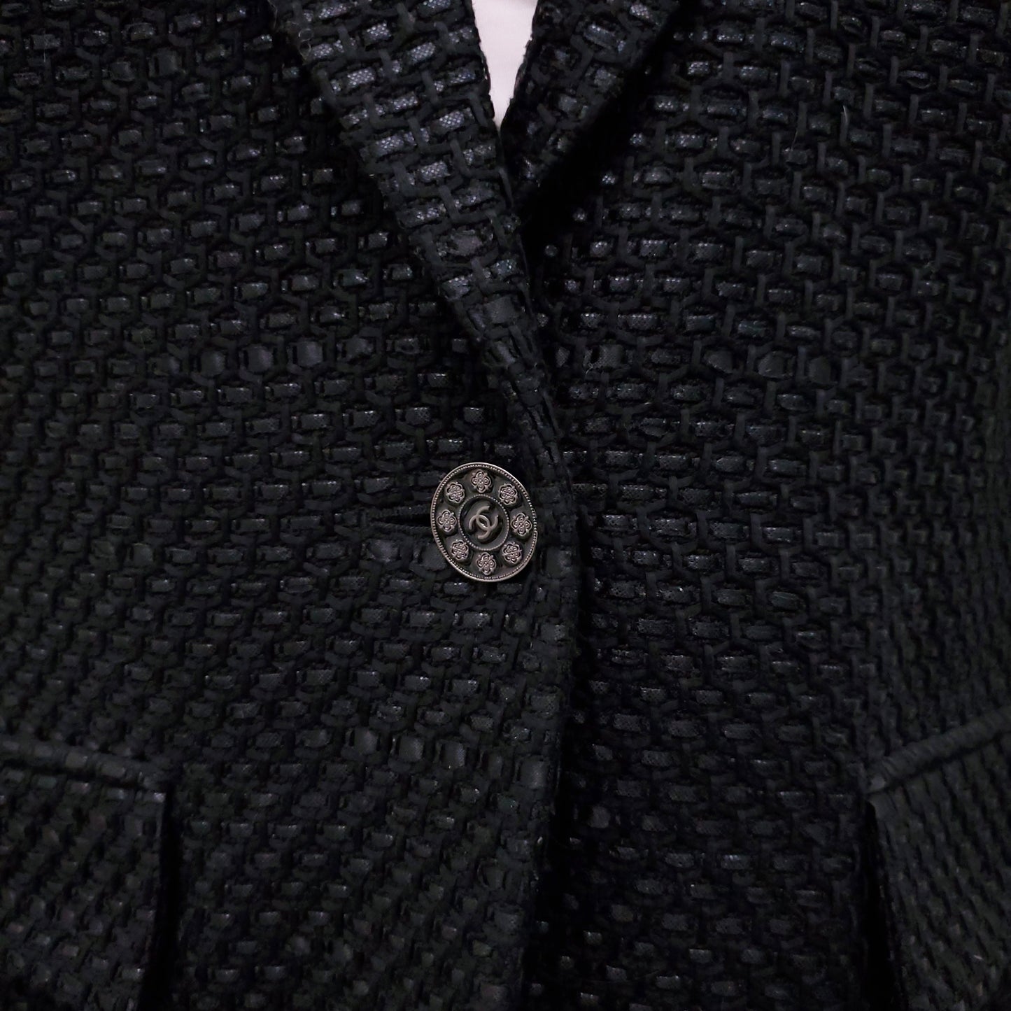CHANEL BLACK LUREX TWEED JACKET WITH LOGO BUTTONS - SIZE 42