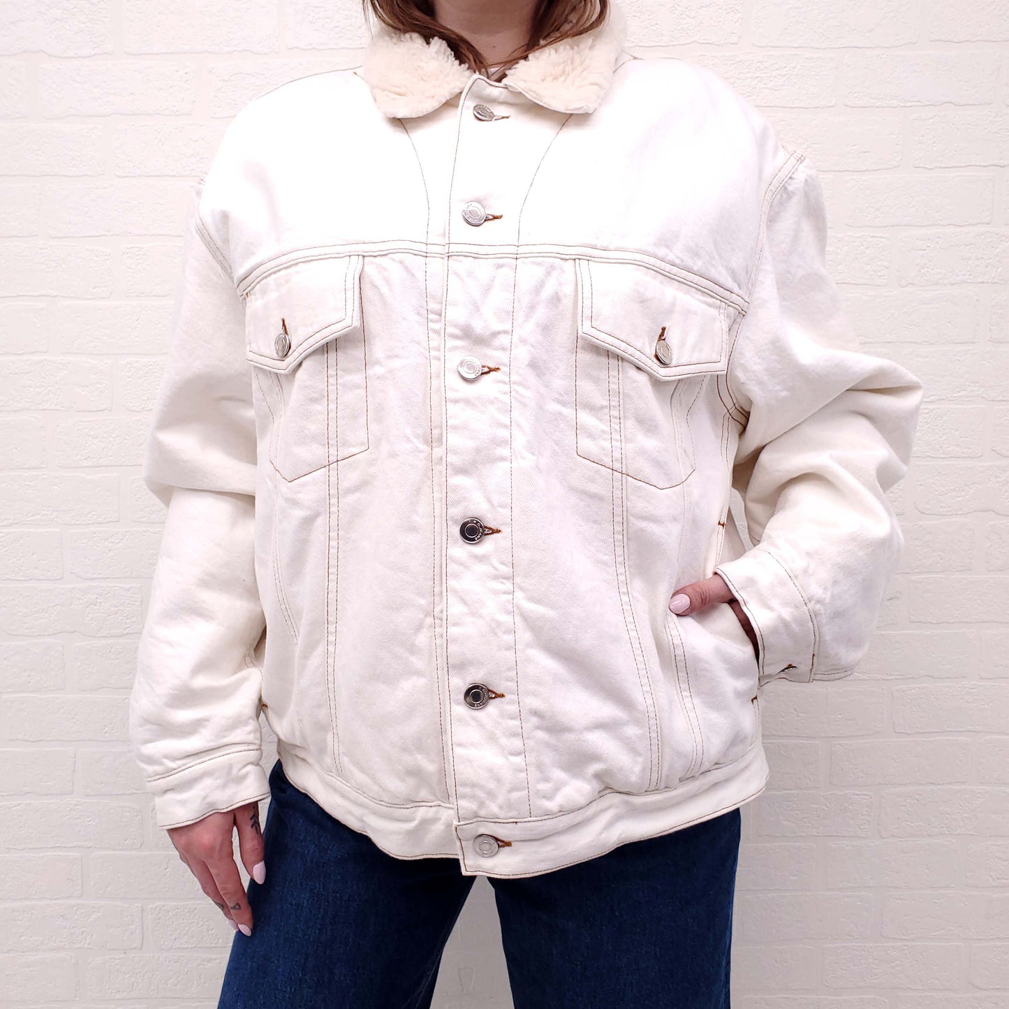 IRO OVERSIZED FAUX SHEARLING LINED DENIM JACKET - SIZE 38