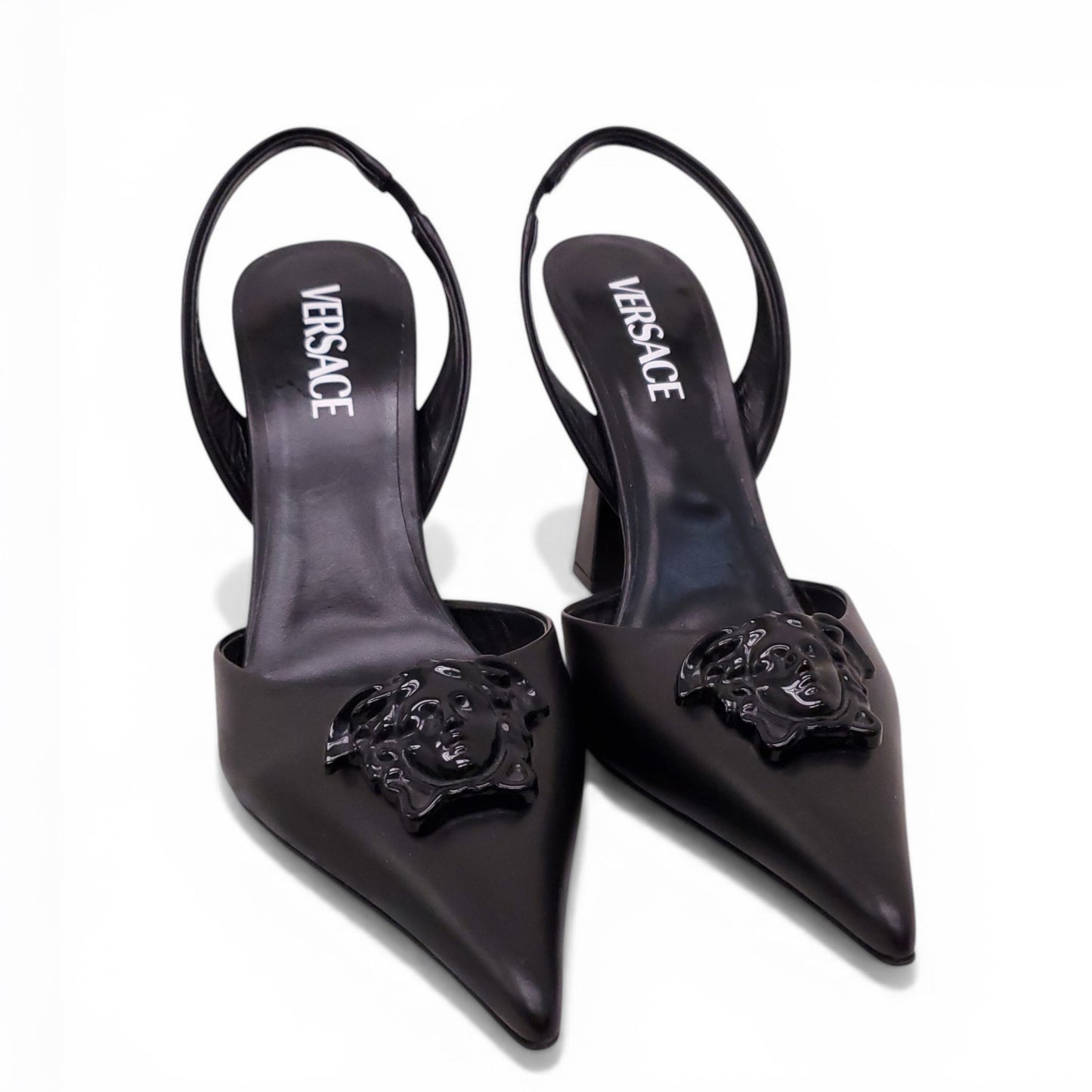 VERSACE BLACK MEDUSA LOGO HEELS - SIZE 39.5