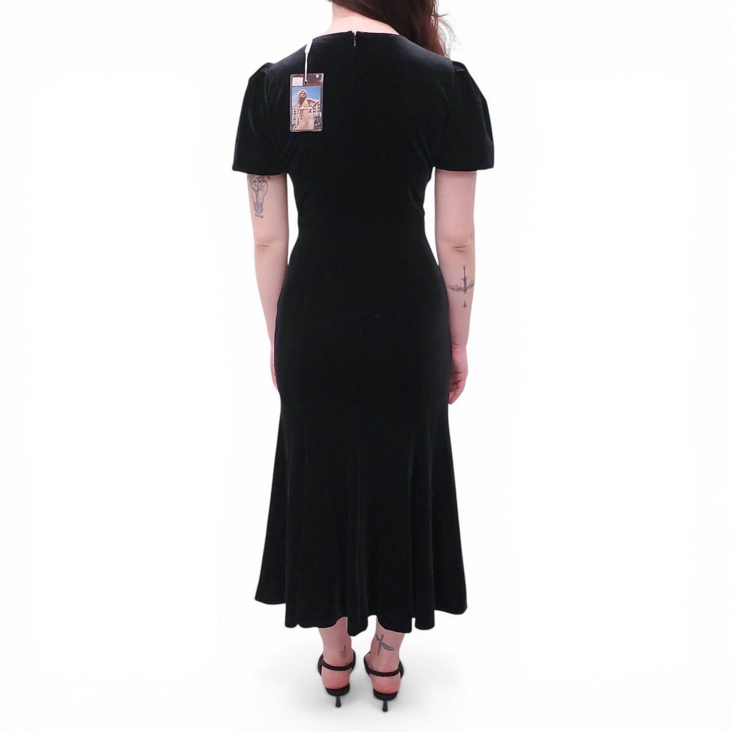 SELF-PORTRAIT BLACK VELVET EMBELLISHED MIDI DRESS - SIZE US 4