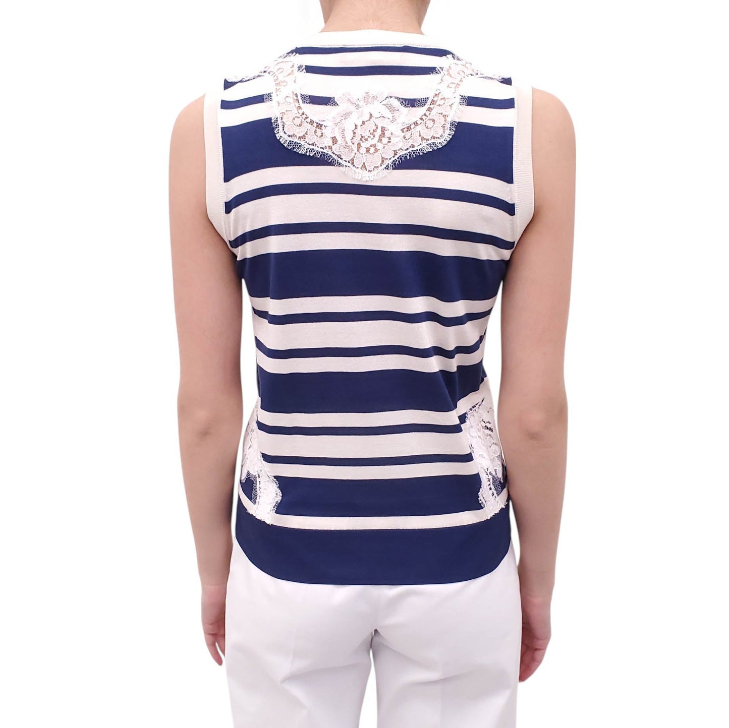 DOLCE & GABBANA STRIPED BLUE SLEEVELESS SWEATER WITH LACE DETAIL - SIZE 38