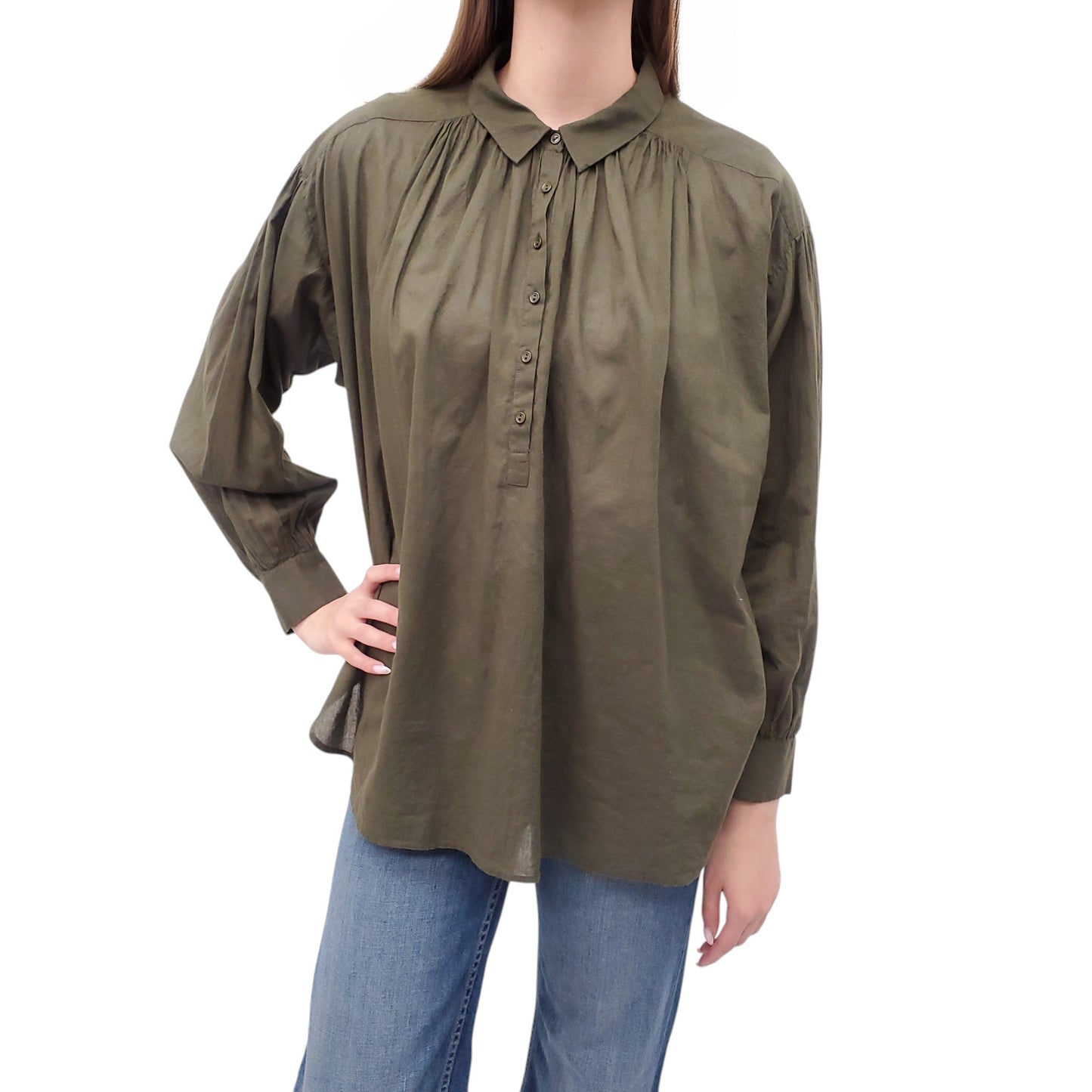 NILI LOTAN KHAKI GREEN BUTTON UP BLOUSE - SIZE S