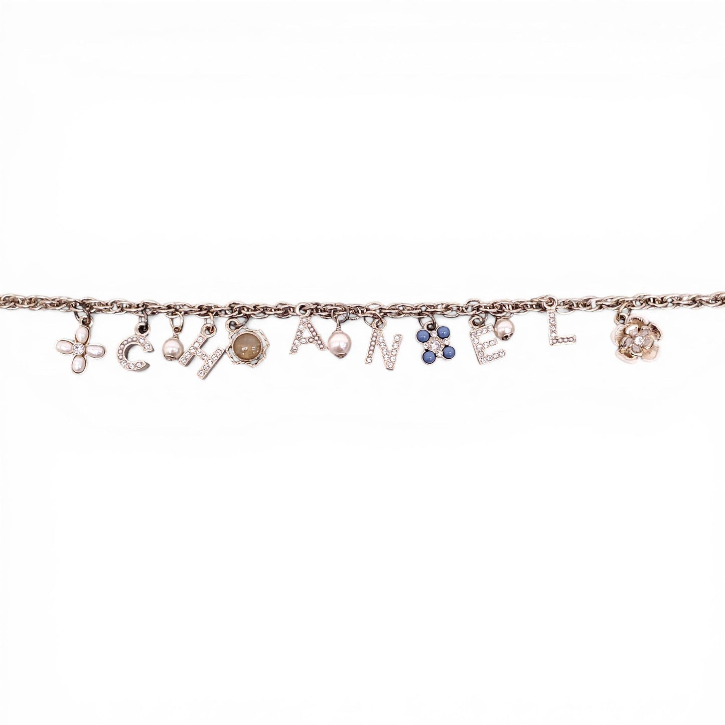 CHANEL GOLD LETTER CRYSTAL FLOWER CHAIN NECKLACE