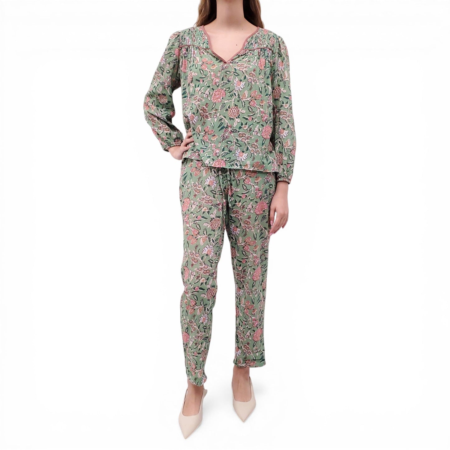 XIRENA GREEN FLORAL BLOUSE AND TROUSERS SET - SIZE XS/S