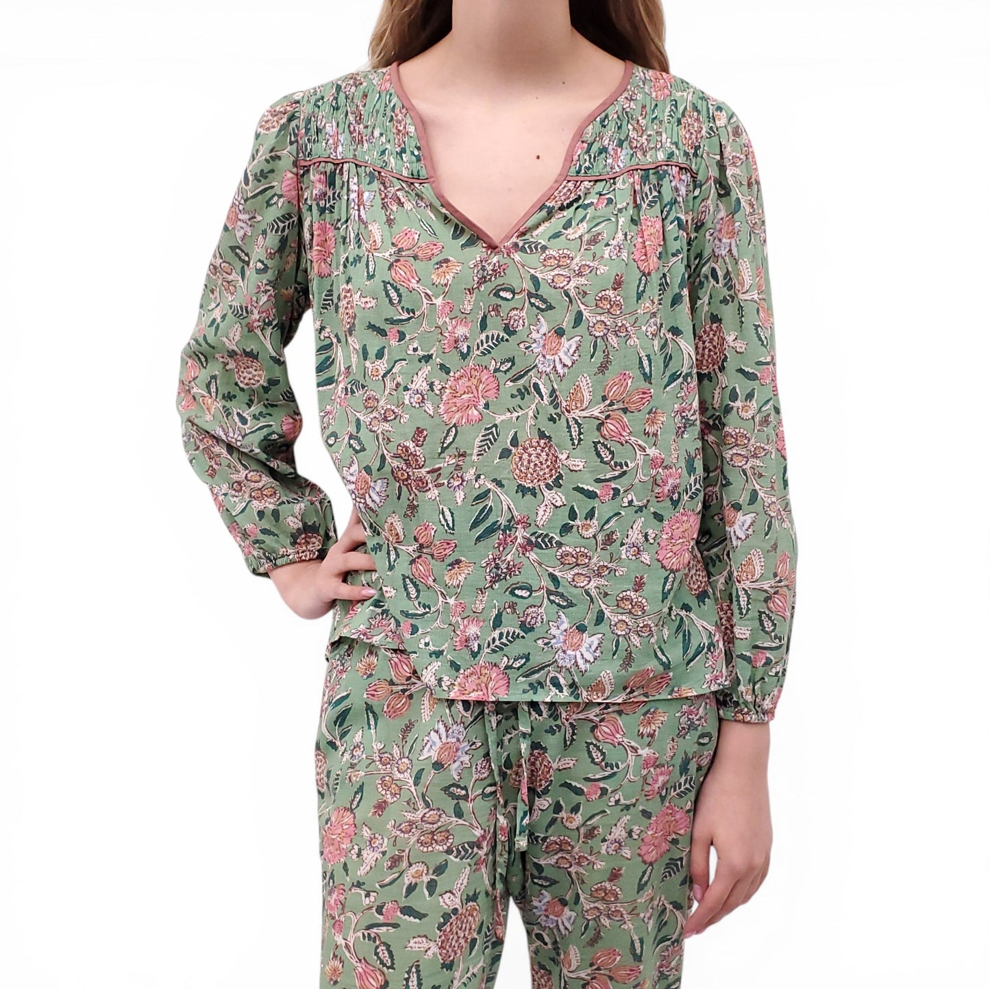 XIRENA GREEN FLORAL BLOUSE AND TROUSERS SET - SIZE XS/S