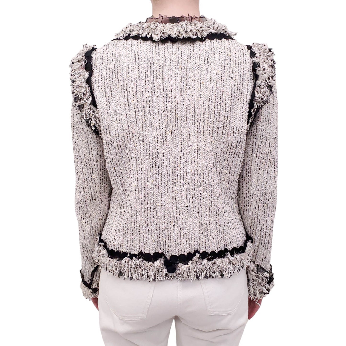 CHANEL 2004 GREY MULTI-COLOUR TWEED JACKET WITH FRINGE AND MESH DETAIL - SIZE 40