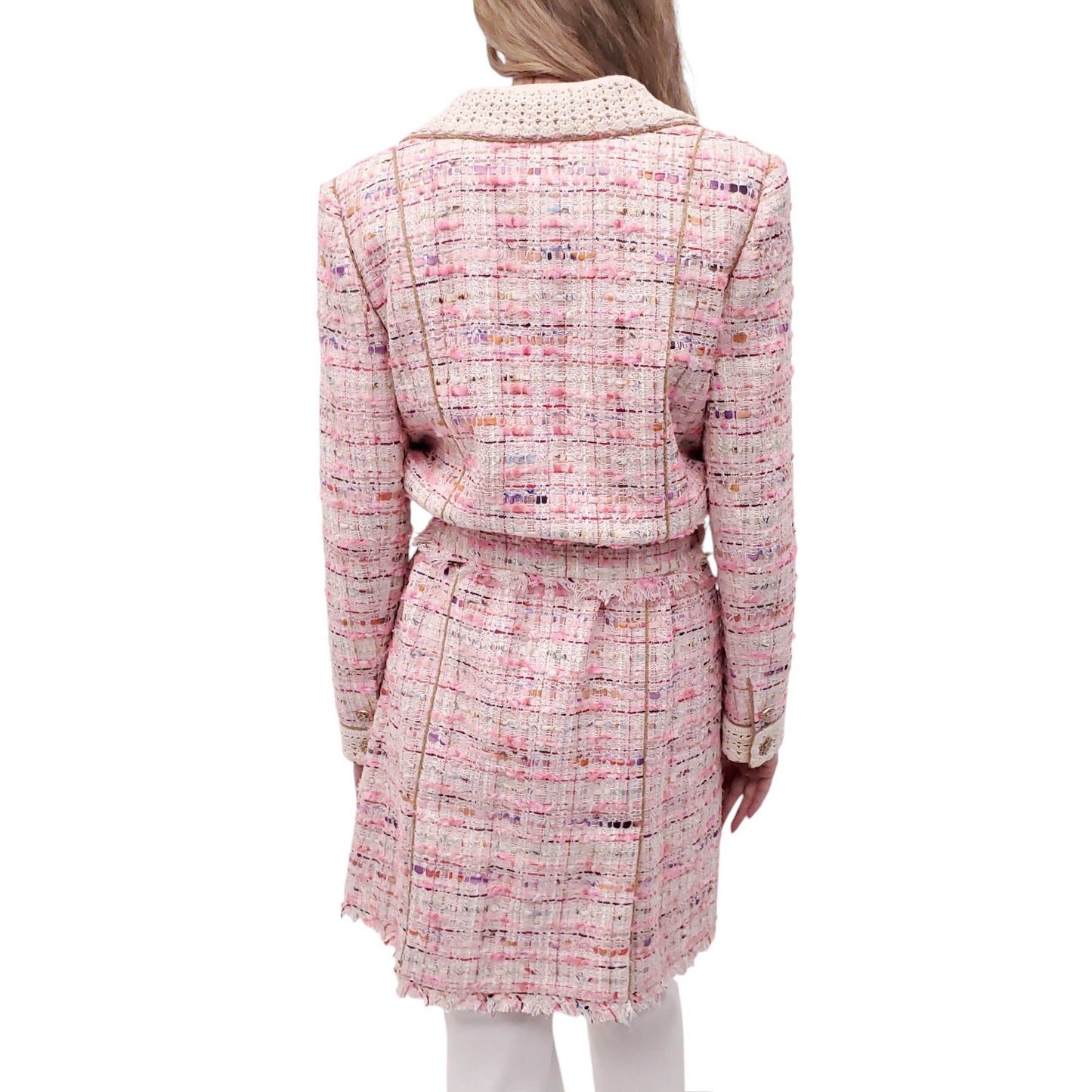 CHANEL 2004 PINK TWEED LONG COAT WITH CROCHET DETAIL AND BELT - SIZE 42