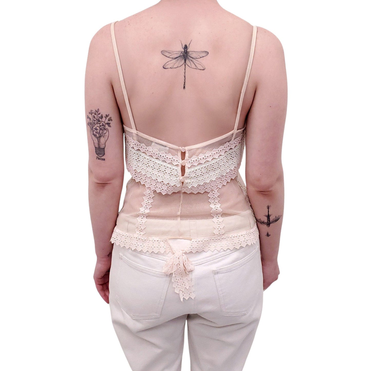 CHANEL 2004 PASTEL MESH LOGO EMBROIDERED LACE CAMISOLE - SIZE 42
