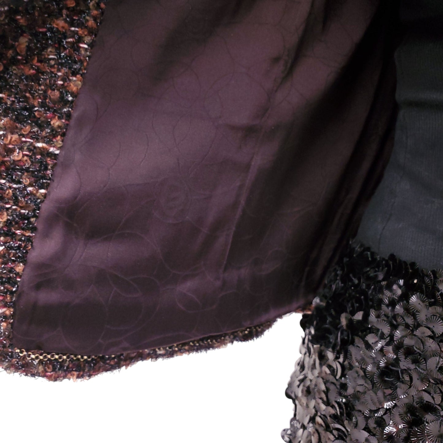CHANEL BROWN AND BLACK METALLIC TWEED JACKET WITH PAILLETTE SEQUIN COLLAR - SIZE 40