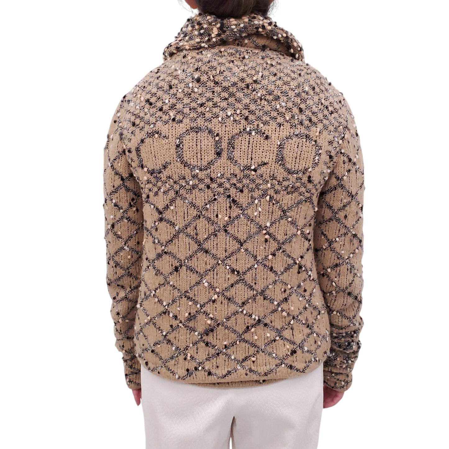 CHANEL CAMEL QUILTED WOOL BLEND CARDIGAN SET WITH COCO LOGO - SIZE 36