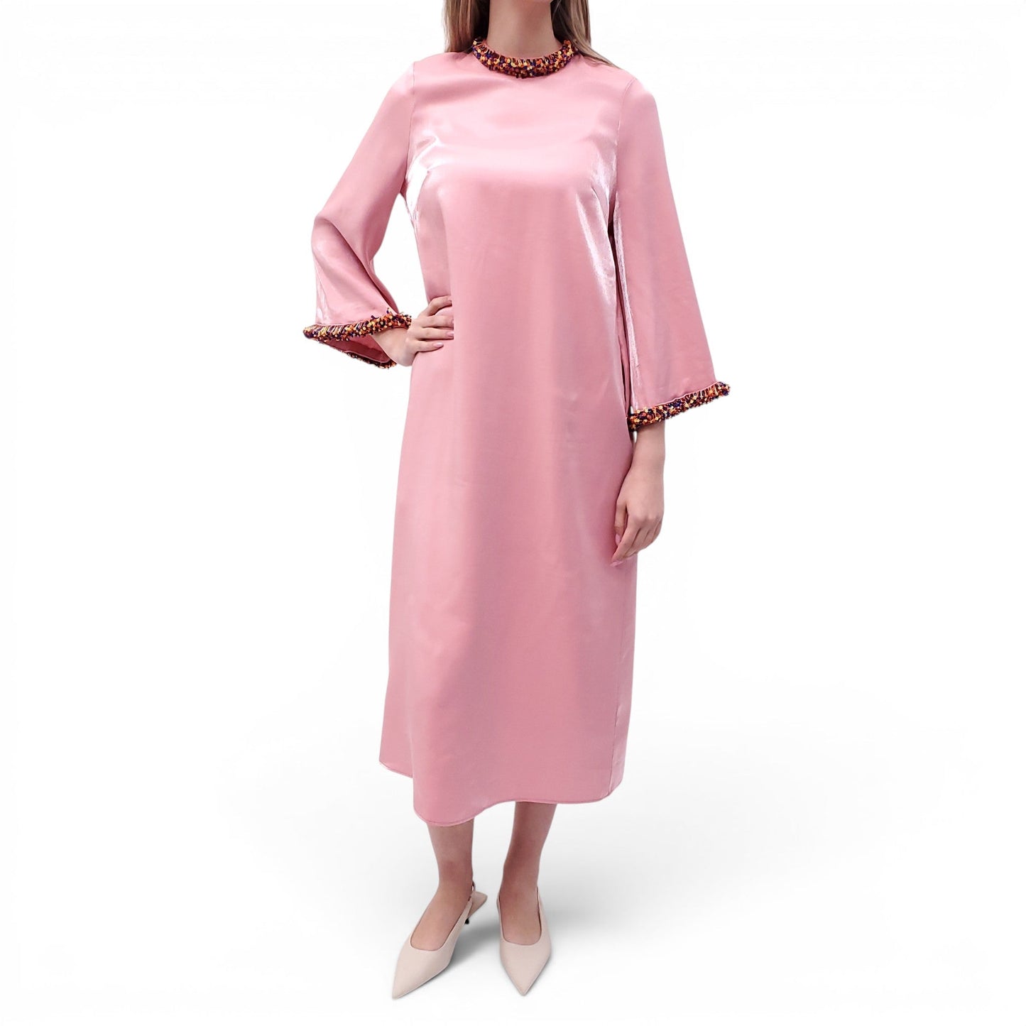 ALÉMAIS PINK DRESS WITH MULTICOLOURED BEADED DETAILS - SIZE 4