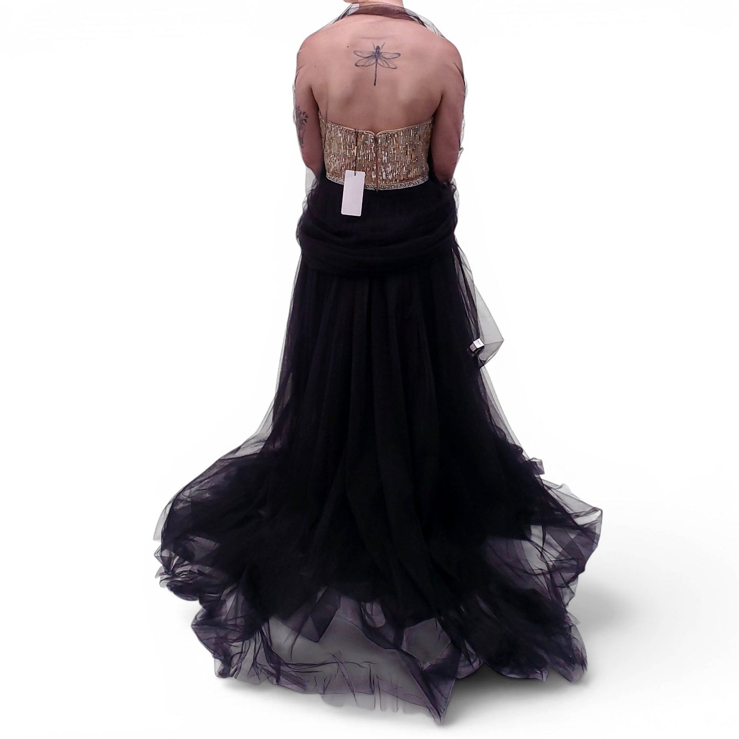JENNY PACKHAM TULLE GOWN WITH GOLD AND SILVER BEADING - SIZE 8