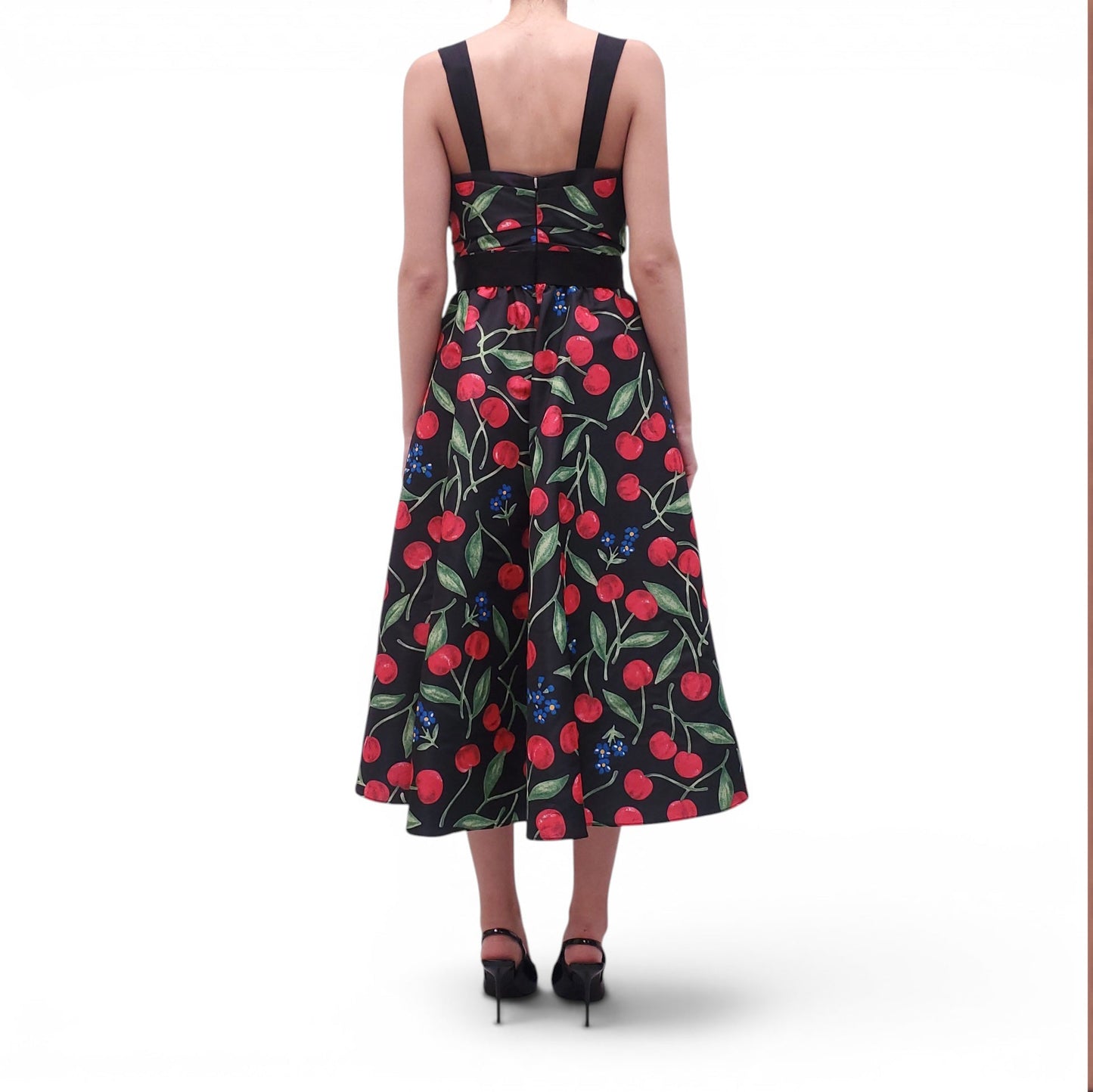 CAROLINA HERRERA BLACK CHERRY PATTERNED DRESS - SIZE 8